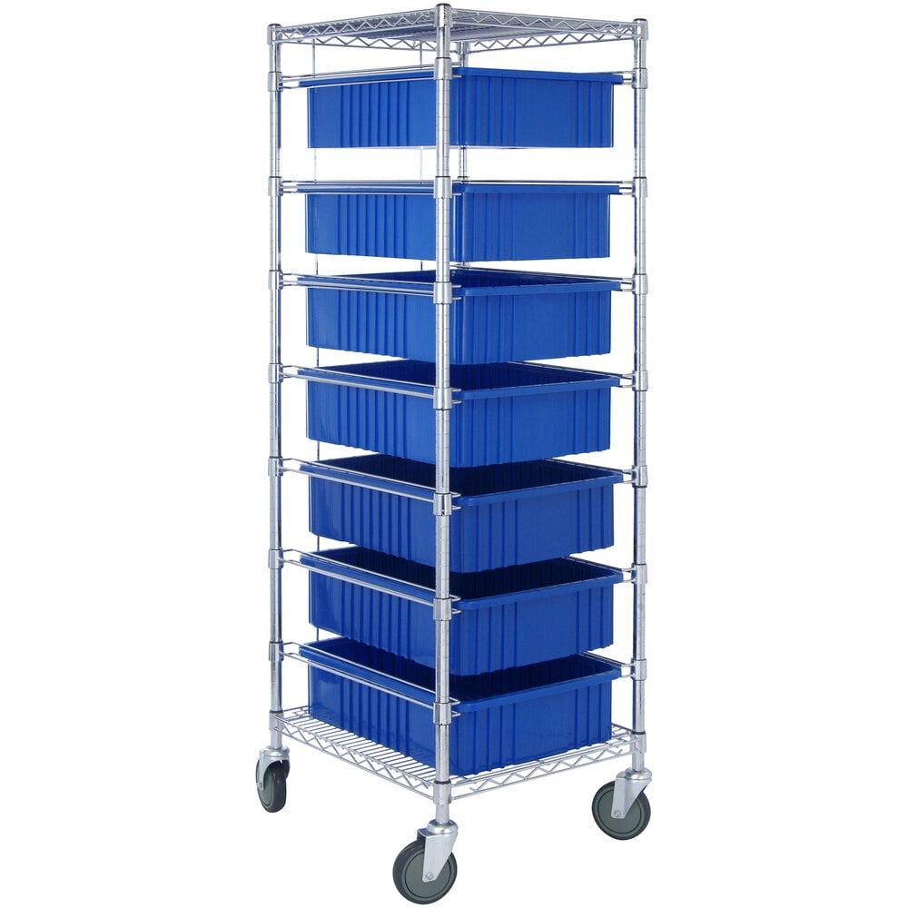 Quantum Storage Systems BC212469M1BL 21" x 24" x 69" Mobile Cart with 7 Blue Divider Bins