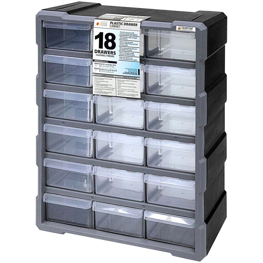 Quantum Storage Systems PDC-18BK 6 1/4" x 15" x 18 3/4" Plastic Drawer Cabinet with 18 Clear Medium Drawers