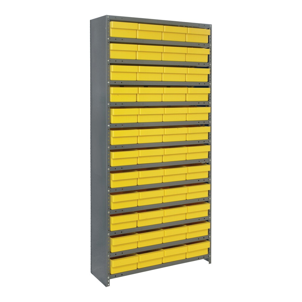 Quantum Storage Systems CL1275-701YL Super Tuff 36" x 12" x 75" Steel Closed 13-Shelf Euro Drawer Shelving System with (48) 11 5/8" x 8 3/8" x 4 5/8" Yellow Bins