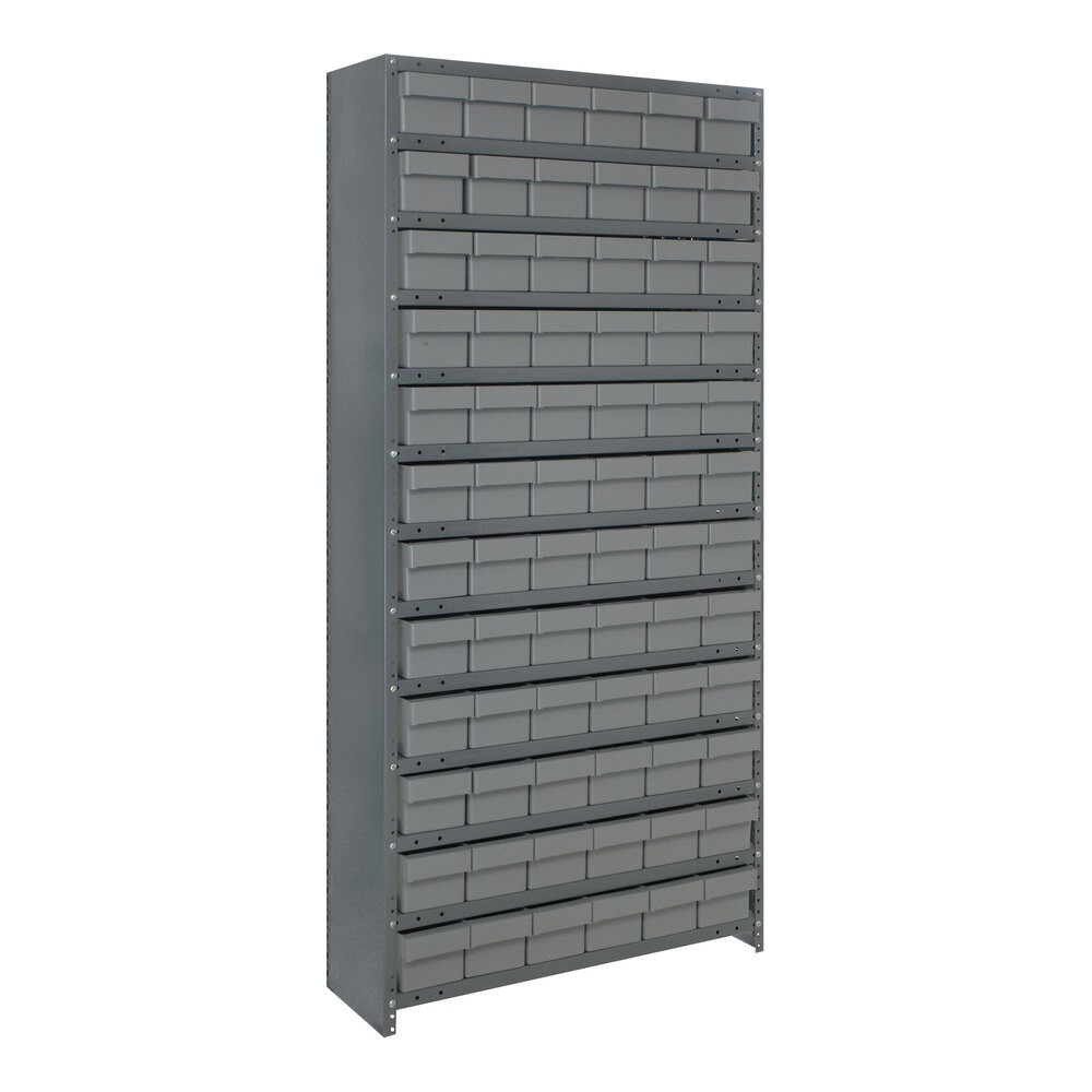 Quantum Storage Systems CL2475-603GY Super Tuff 36" x 24" x 75" Steel Closed 13-Shelf Euro Drawer Shelving System with (72) 23 7/8" x 5 9/16" x 4 5/8" Gray Bins