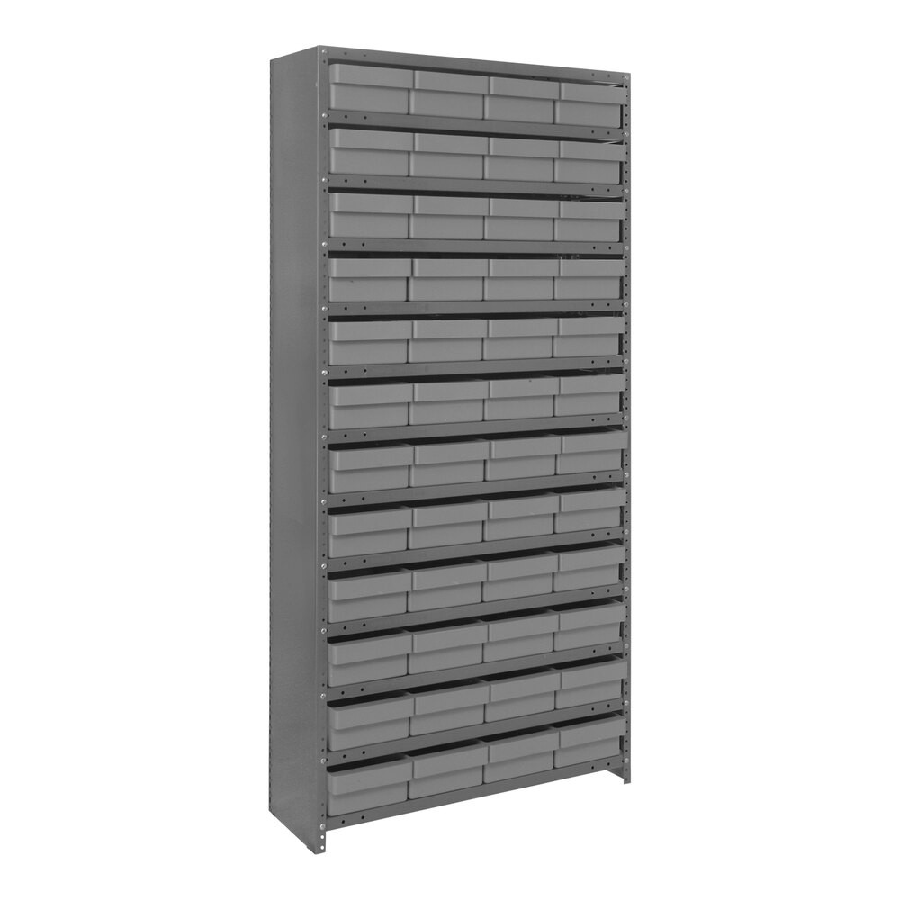 Quantum Storage Systems CL1875-606GY Super Tuff 36" x 18" x 75" Steel Closed 13-Shelf Euro Drawer Shelving System with (48) 17 7/8" x 8 3/8" x 4 5/8" Gray Bins