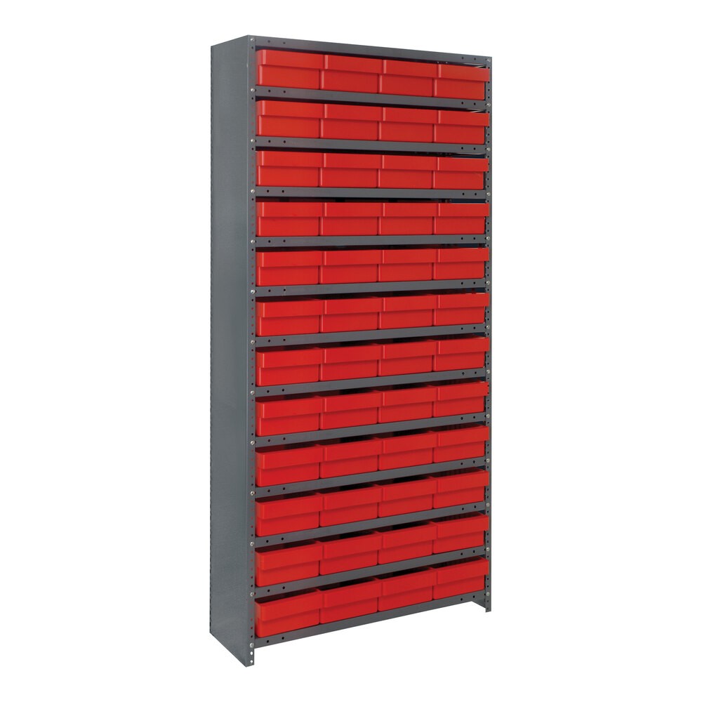 Quantum Storage Systems CL1275-701RD Super Tuff 36" x 12" x 75" Steel Closed 13-Shelf Euro Drawer Shelving System with (48) 11 5/8" x 8 3/8" x 4 5/8" Red Bins