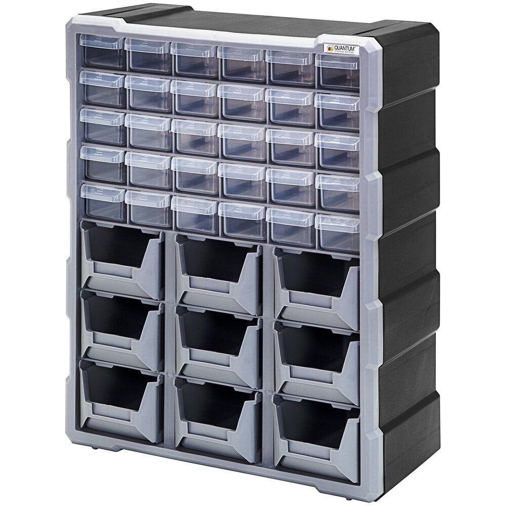 Quantum Storage Systems PDC-930BK 6 1/4" x 15" x 18 3/4" Plastic Drawer Cabinet with 30 Clear Compact Drawers and 9 Bins