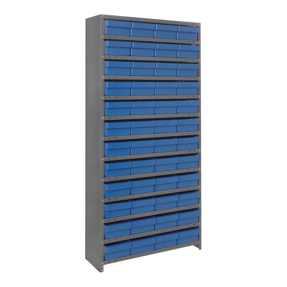 Quantum Storage Systems CL1875-606BL Super Tuff 36" x 18" x 75" Steel Closed 13-Shelf Euro Drawer Shelving System with (48) 17 7/8" x 8 3/8" x 4 5/8" Blue Bins