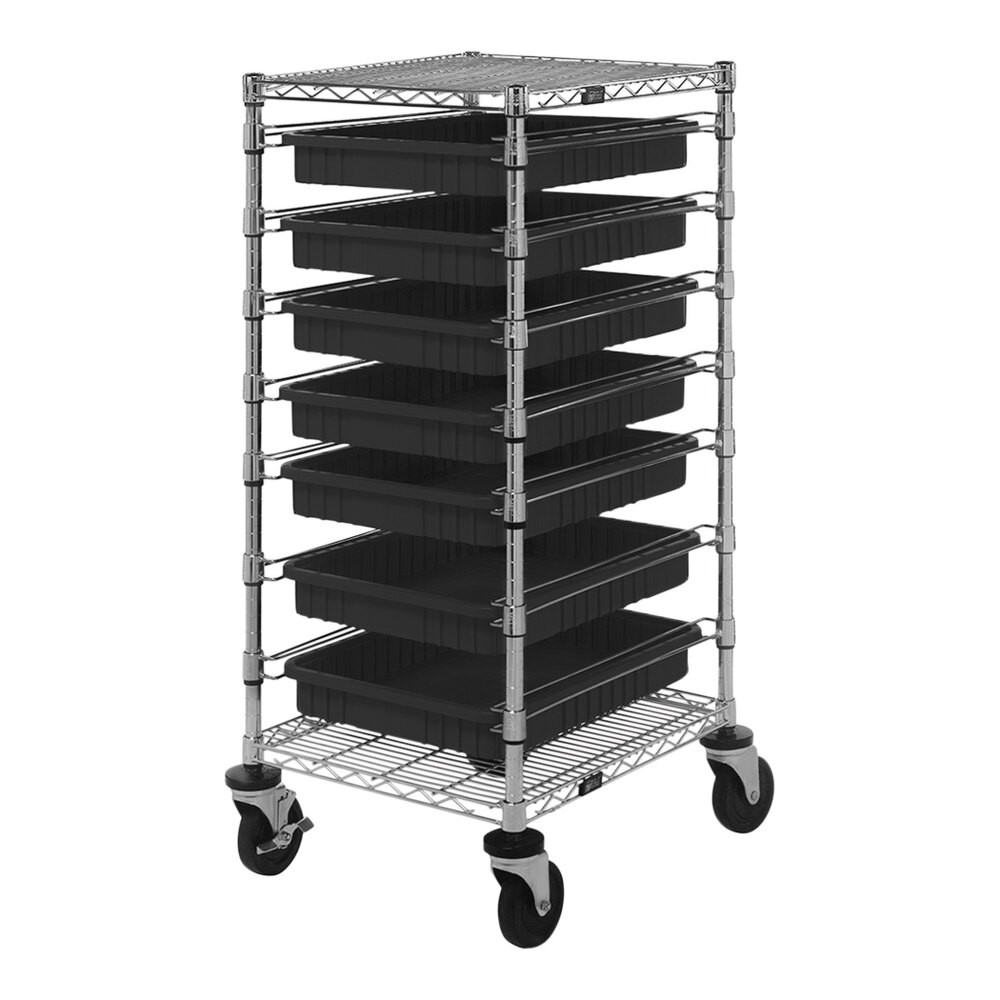 Quantum Storage Systems BC212439M2CO 21" x 24" x 45" Carbon Steel Mobile Bin Cart with 2 Wire Shelves and (7) 22 1/2" x 17 1/2" x 3" Black Conductive Bins