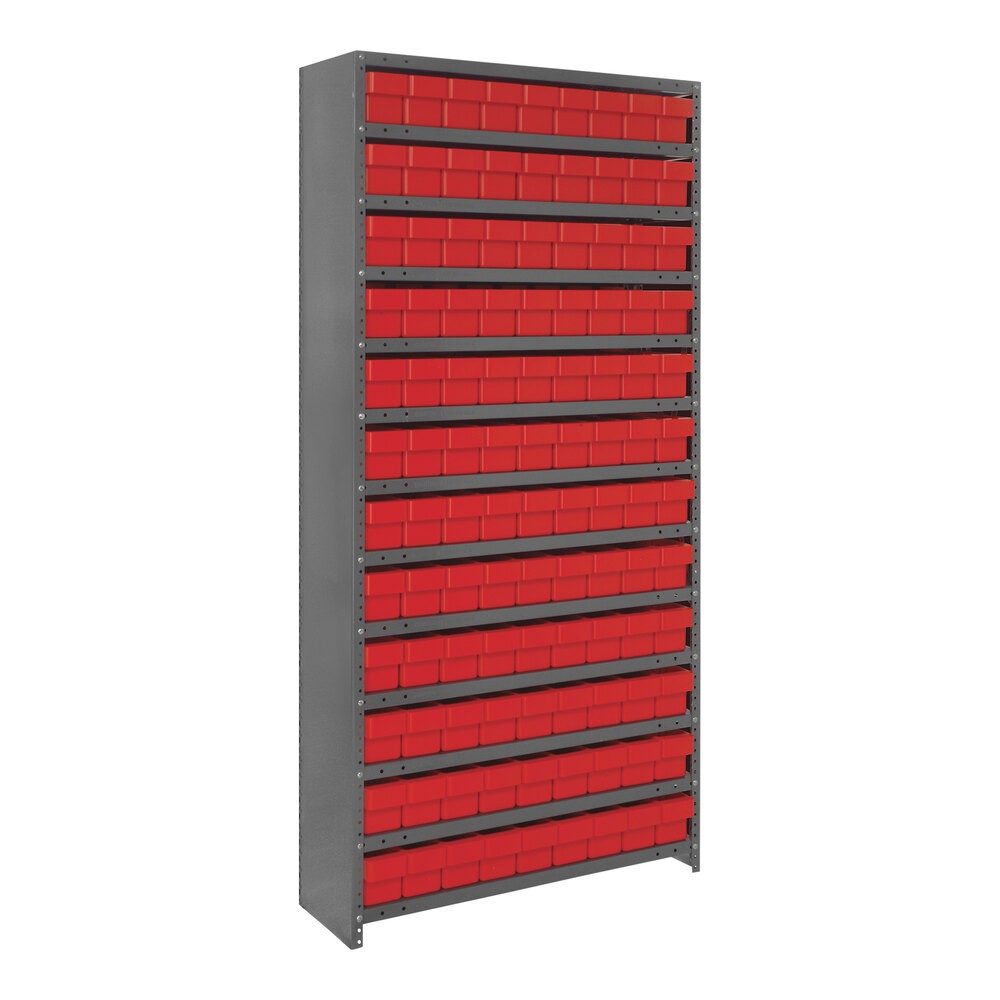 Quantum Storage Systems CL1875-604RD Super Tuff 36" x 18" x 75" Steel Closed 13-Shelf Euro Drawer Shelving System with (108) 17 7/8" x 3 3/4" x 4 5/8" Red Bins