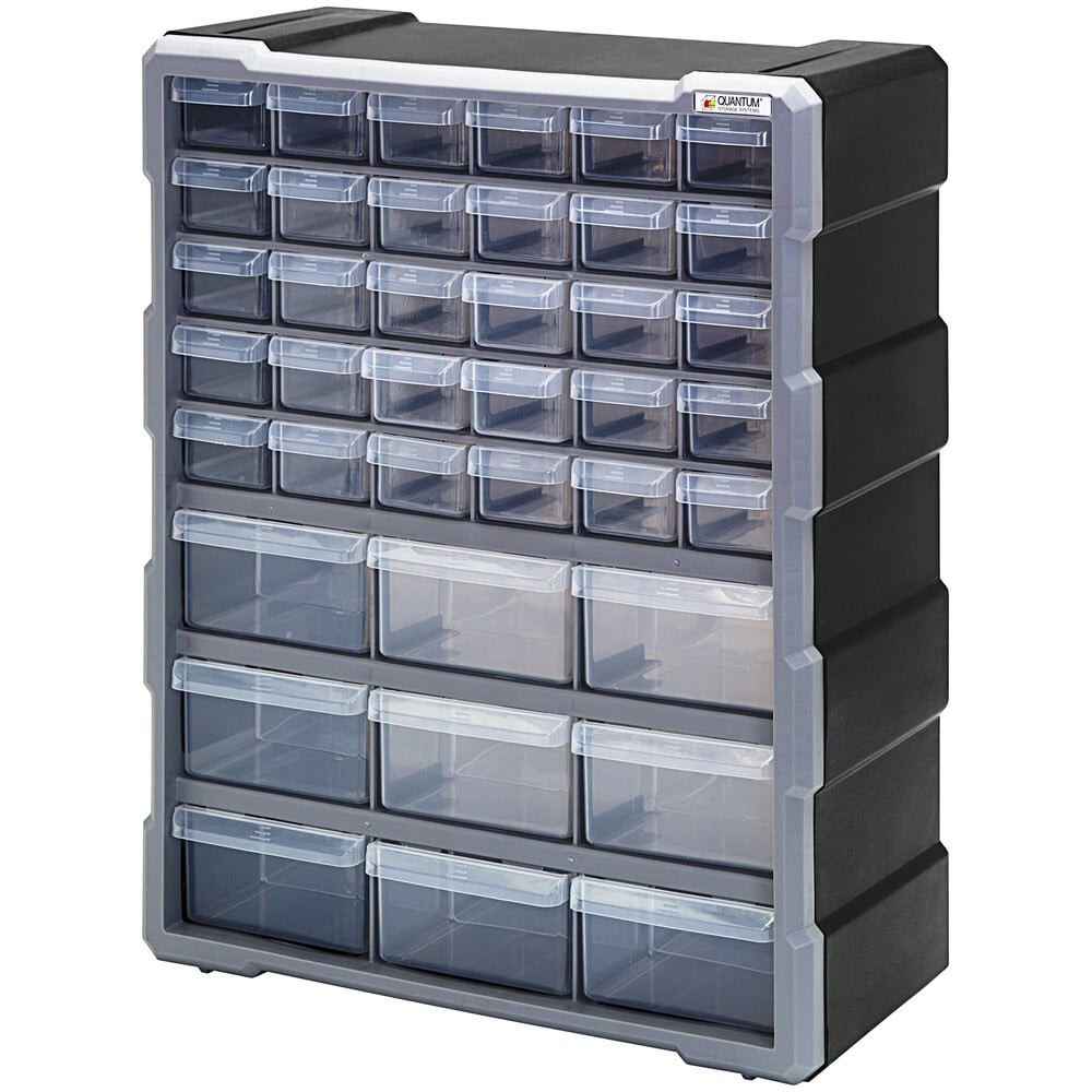 Quantum Storage Systems PDC-39BK 6 1/4" x 15" x 18 3/4" Plastic Drawer Cabinet with 30 Clear Compact Drawers and 9 Medium Drawers