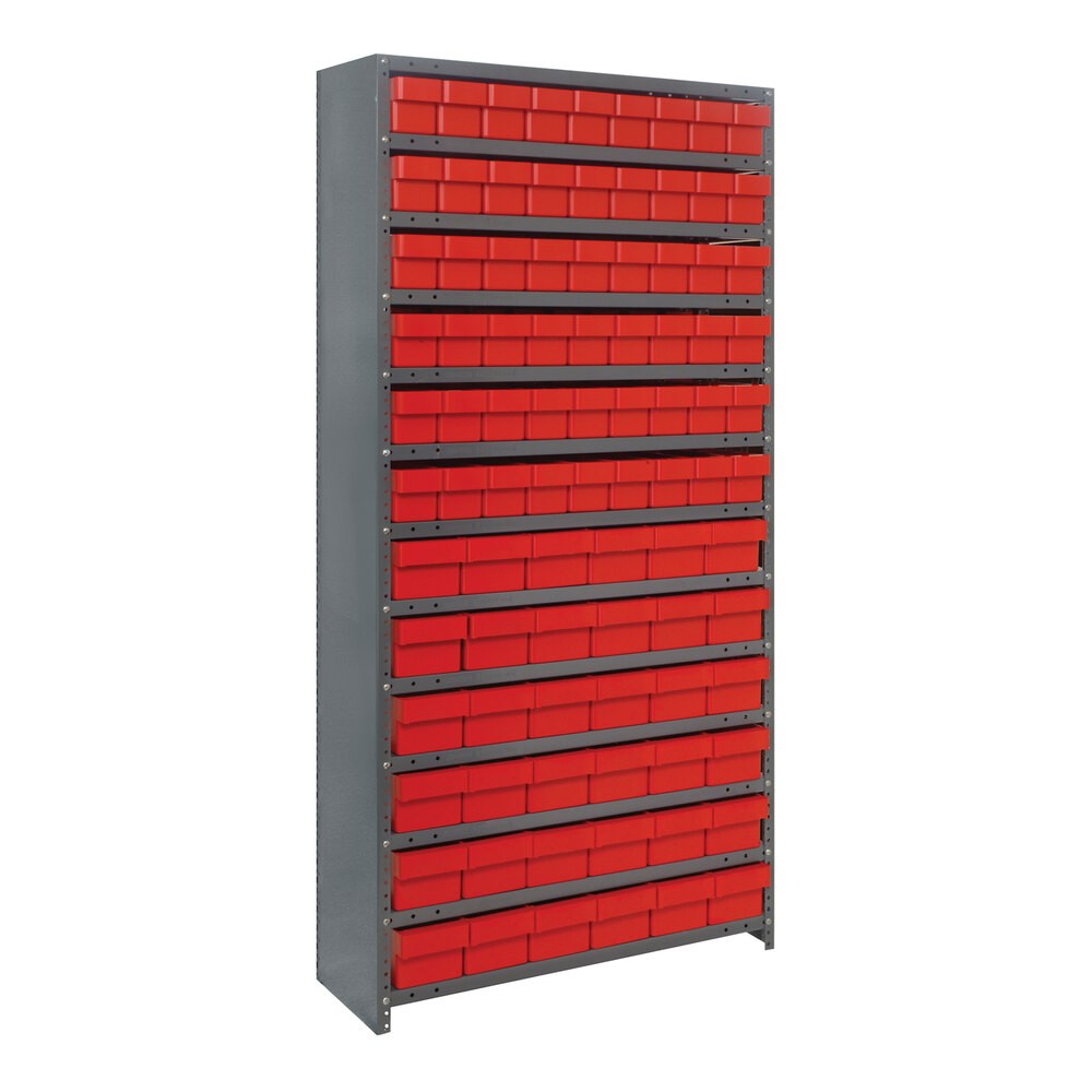 Quantum Storage Systems CL1875-624RD Super Tuff 36" x 18" x 75" Steel Closed 13-Shelf Euro Drawer Shelving System with (54) 17 7/8" x 3 3/4" and (36) 17 7/8" x 5 9/16" Red Bins