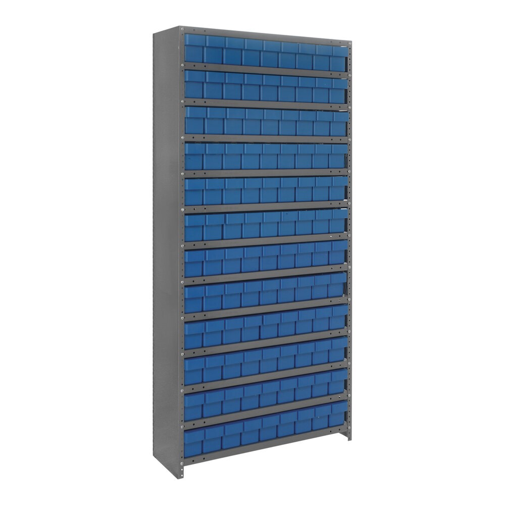 Quantum Storage Systems CL1875-604BL Super Tuff 36" x 18" x 75" Steel Closed 13-Shelf Euro Drawer Shelving System with (108) 17 7/8" x 3 3/4" x 4 5/8" Blue Bins