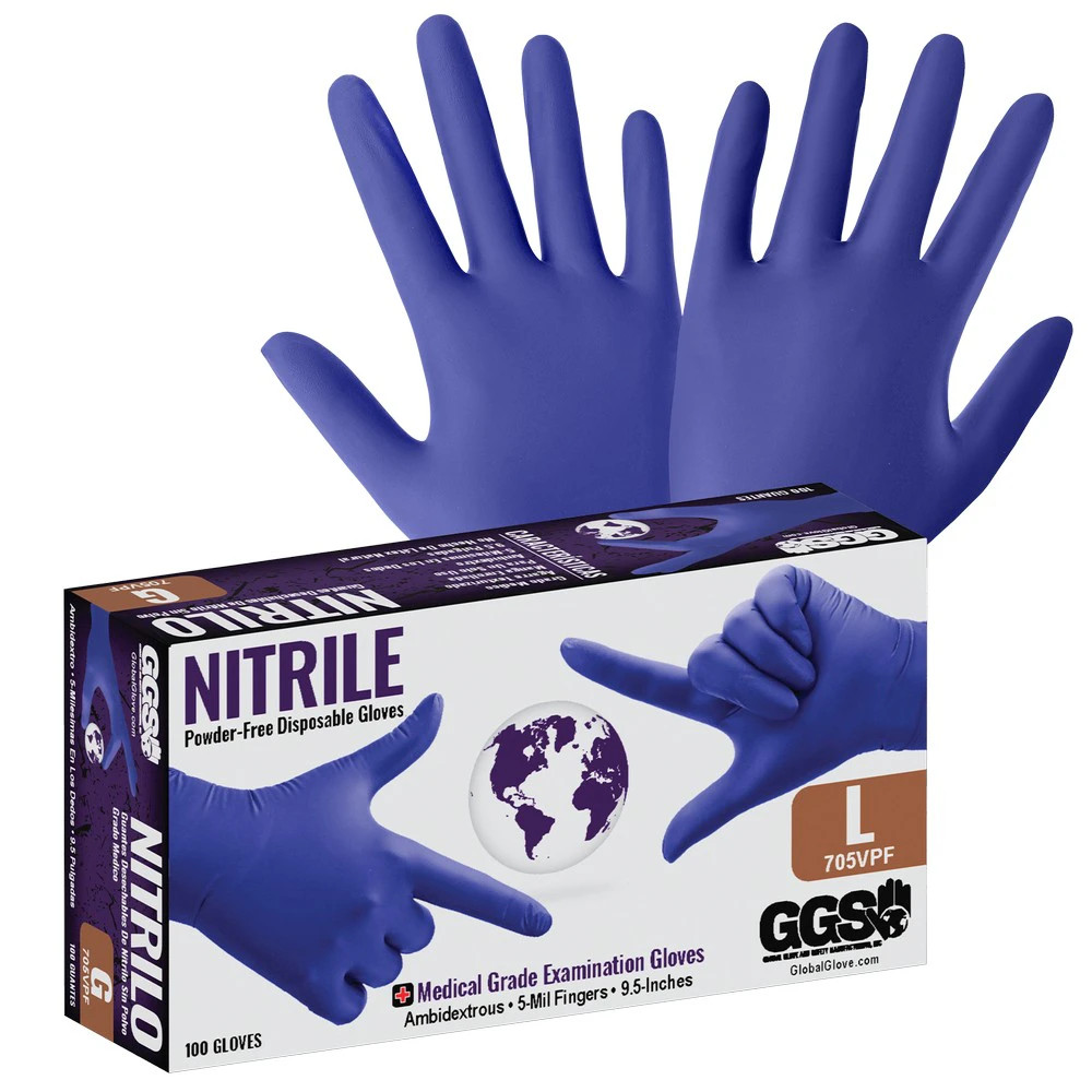 Global Glove 705VPF Nitrile, Powder-Free, Medical-Grade, Royal Blue, 5-Mil, Textured Fingertips, 9.5-Inch Disposable Examination Gloves