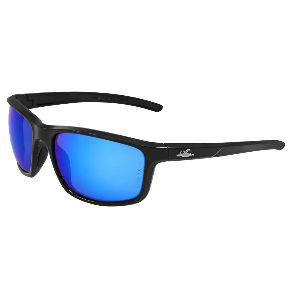 Global Glove BH2759PFT Pompano Blue Mirror Performance Fog Technology Lens, Shiny Black Frame Safety Glasses