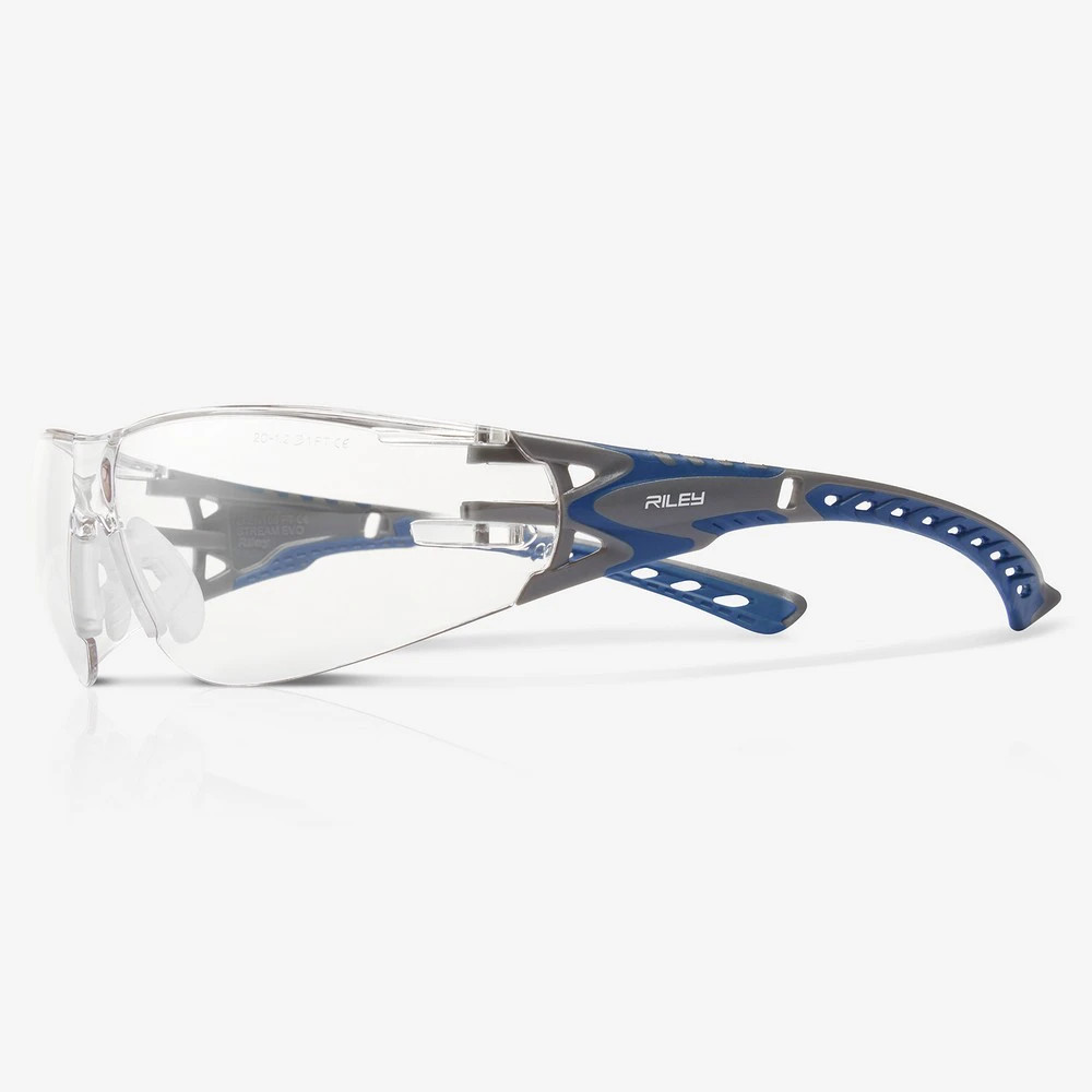 Global Glove RLY00370 Stream Evo Eco Clear Anti-Fog Lens, Gray and Blue Frame Safety Glasses