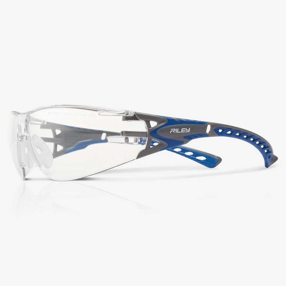 Global Glove RLY00361 Stream Evo Clear Anti-Fog Lens, Gray and Blue Frame Safety Glasses