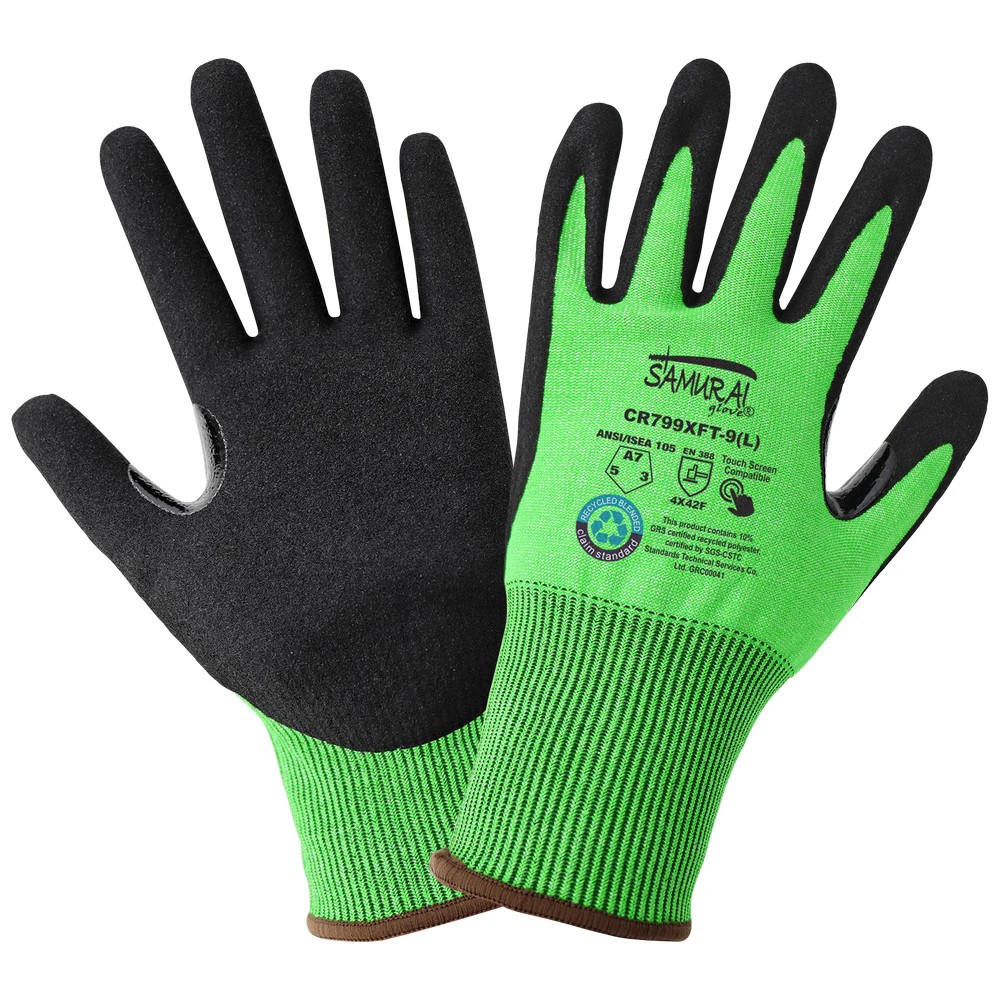 Global Glove CR799XFT Samurai Glove High-Visibility Nitrile Coated 18-Gauge rPET Recycled Cut Resistant Gloves with Touchscreen Fingers