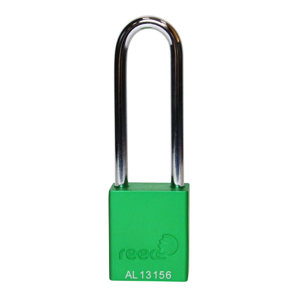 Reece Safety AL38GRNLONG Aluminium bodied safety padlock with steel shackle-green-Keyed to Differ-long