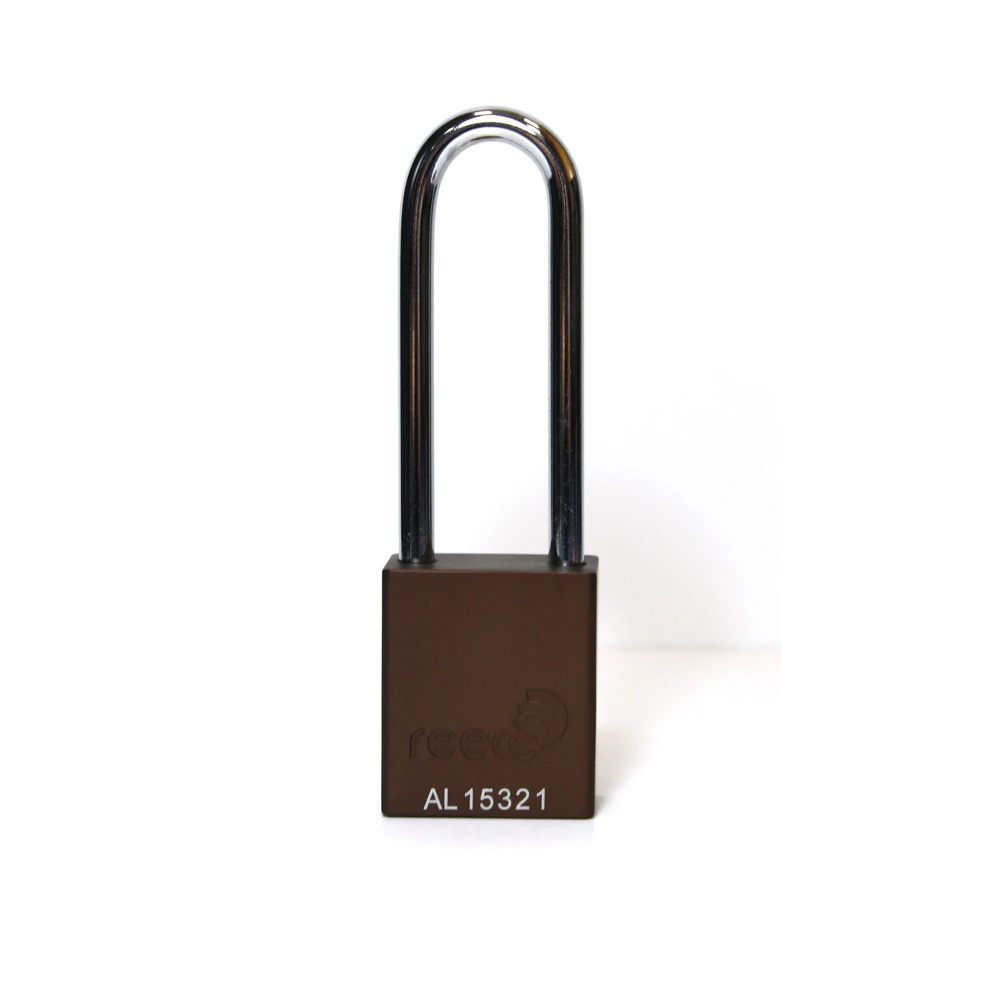 Reece Safety AL38BRNKLONG Aluminium bodied safety padlock with steel shackle-brown-Keyed Alike-long