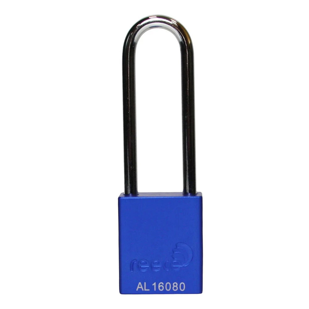 Reece Safety AL38BLULONG Aluminium bodied safety padlock with steel shackle-blue-Keyed to Differ-long