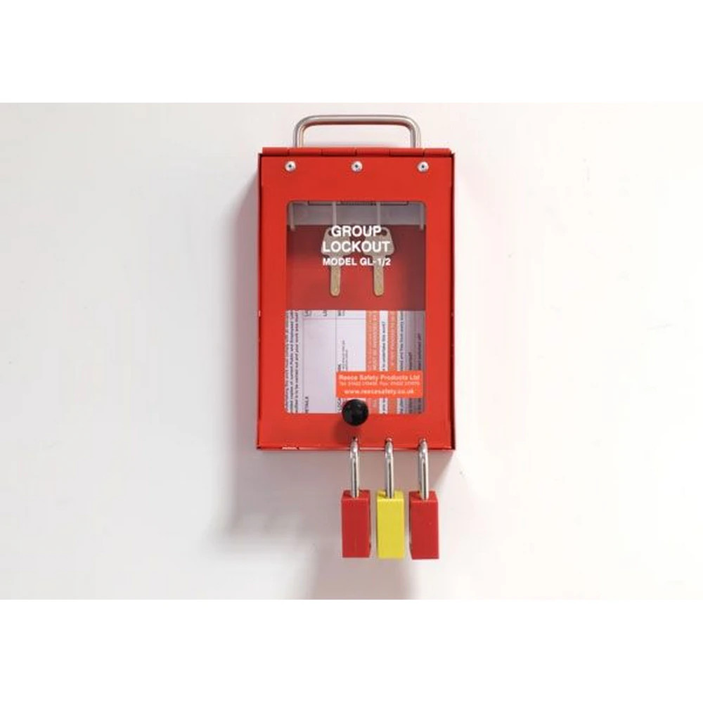 Reece Safety GL1/2 Steel Wall mounted or Portable Group Lockout Box - 4 hook. Colour Red.