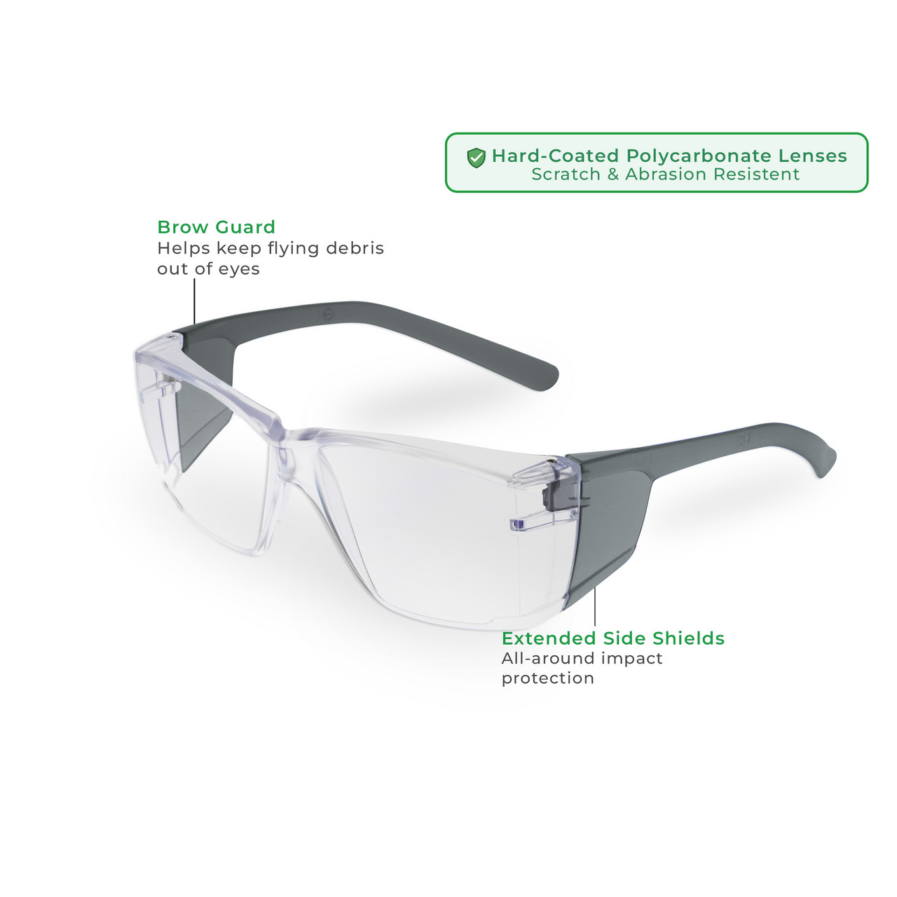 Zing Green 20-105ECO GY C Eco-Friendly Lightweight Safety Glasses with Side Shields -Z-Force, Grey Temples, Clear Lens