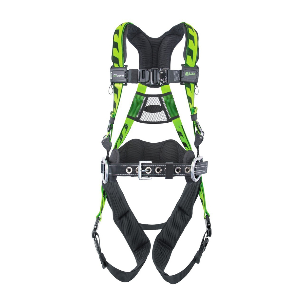 Miller ACA-QC-BDP Premium Breathable Full-Body Harness with Lightweight Aluminum Hardware, 5 Points of Adjustment, Back/Side D-Rings, Lumbar Pad and Quick-Connect Chest & Leg Buckles, Green