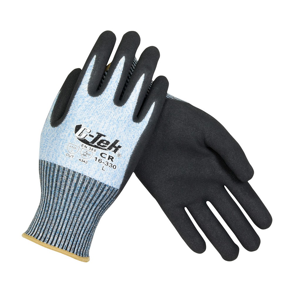 PIP 16-343LG G-TEK Polykor Hi-Vis Seamless Knit Polykor Blended Glove With Double-Dipped Nitrile Coated Microsurface Grip On Palm & Fingers, Cut Resistant Glove, A2