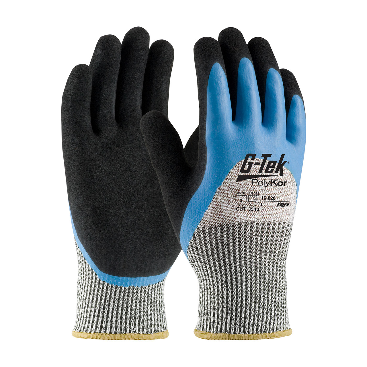 PIP 16-820 G-Tek PolyKor Seamless Knit PolyKor Blended Glove with Acrylic Lining and Double-Dipped Latex Coated MicroSurface Grip on Palm, Fingers & Knuckles