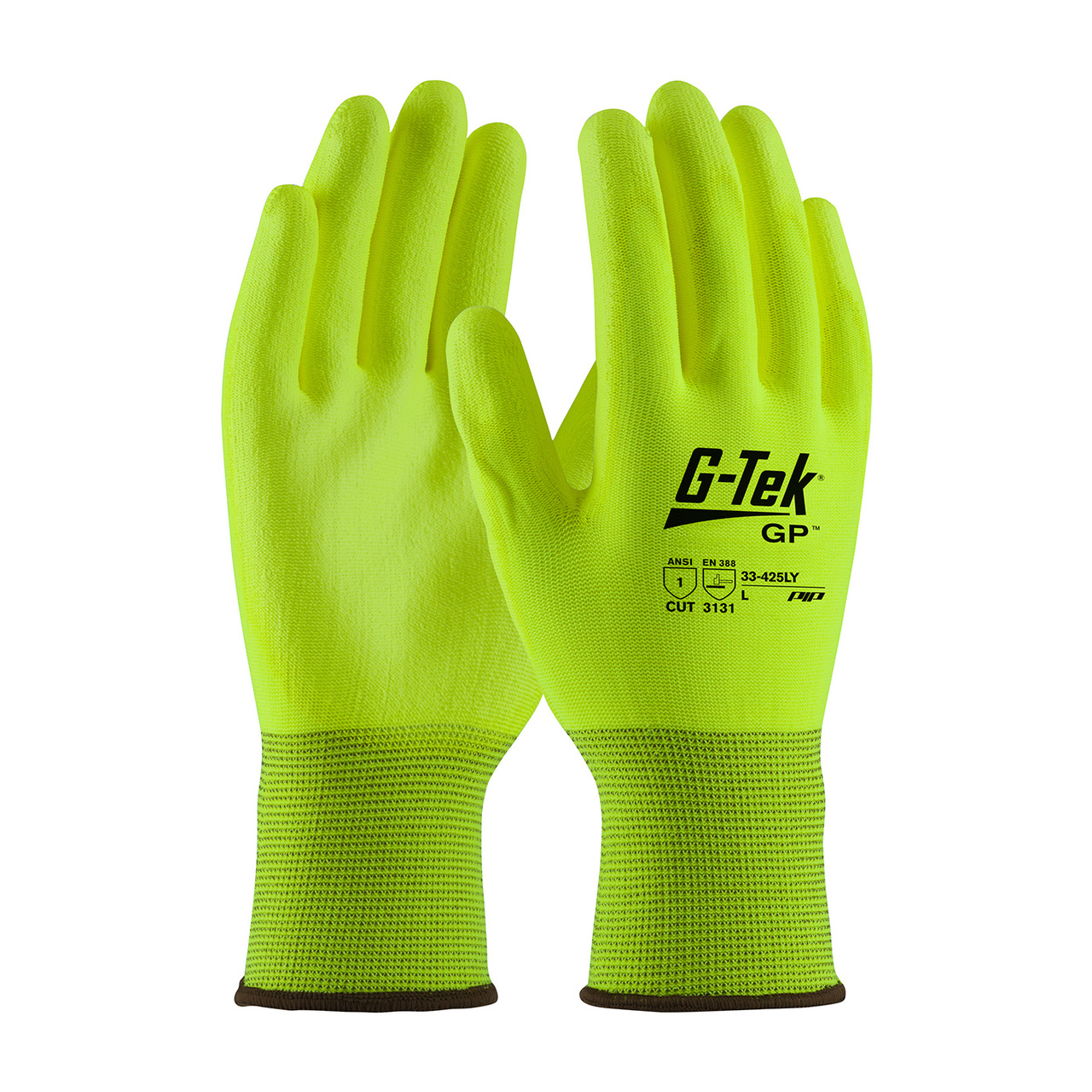 PIP 33-425LY G-TEK GP Hi-Vis Seamless Knit Polyester Glove With Polyurethane Coated Smooth Grip On Palm & Fingers, Cut Resistant Glove, A1