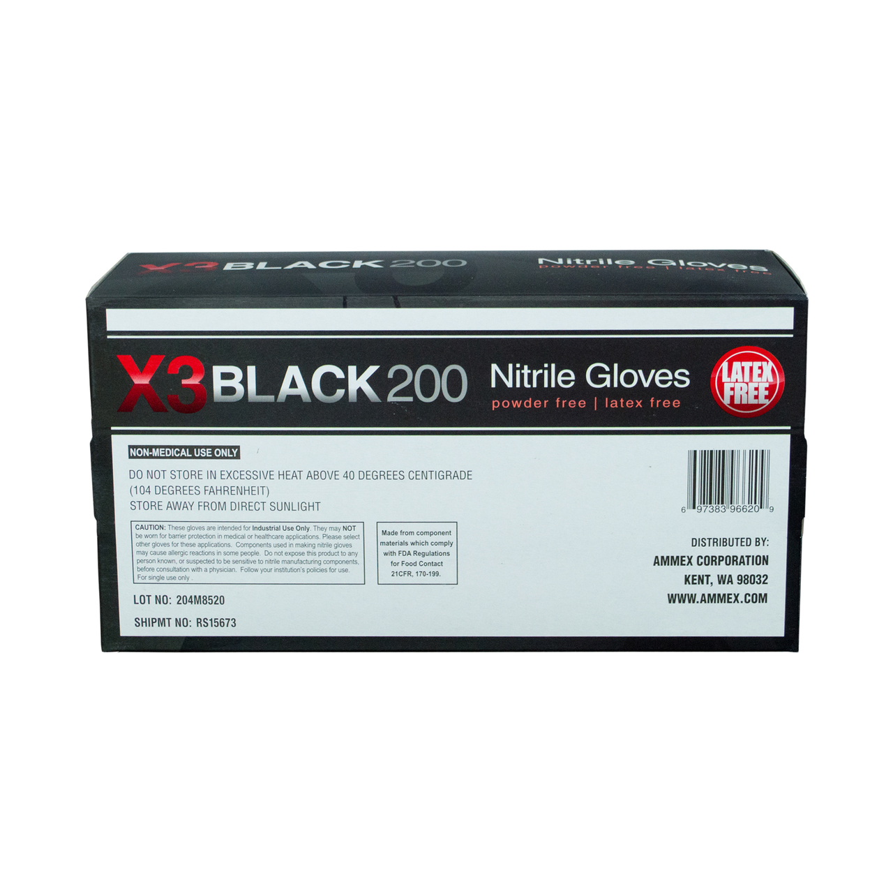 Ammex BX3D X3 Black 200 Industrial Grade Black 3 Mil Nitrile Gloves, Powder Free