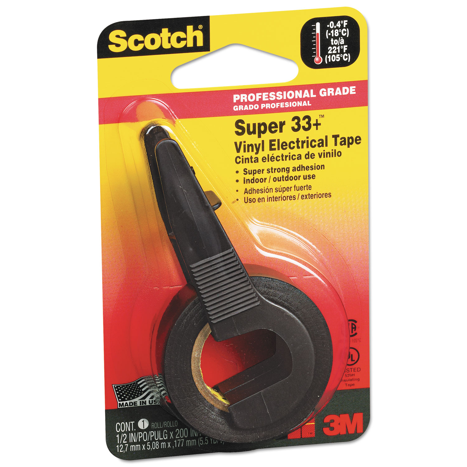 Scotch MMM194NA Super 33+ Vinyl Electrical Tape w/Dispenser, 1/2" x 5.5yds, Black