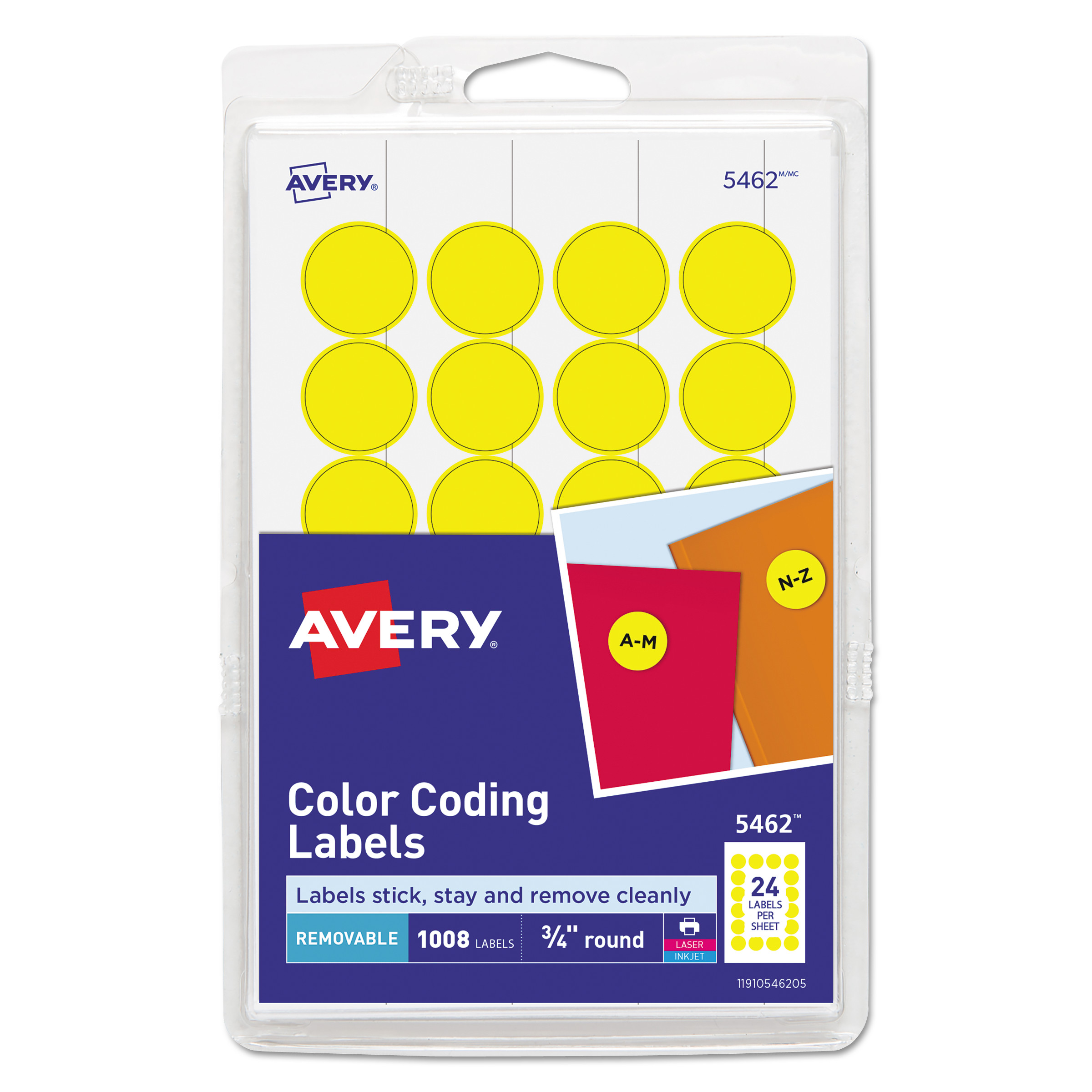 Avery AVE05462 Printable Removable Color-Coding Labels, 3/4" dia, Yellow, 1008/Pack