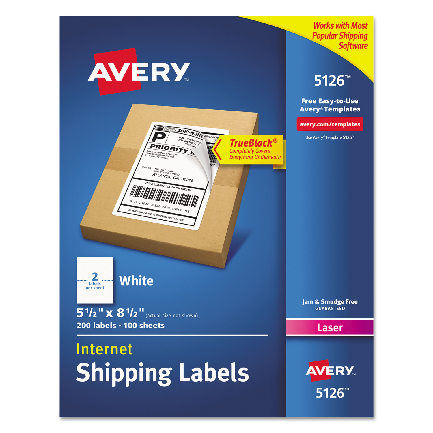 Avery AVE5126 Shipping Labels with TrueBlock Technology, Laser, 5 1/2 x 8 1/2, White, 200/Box