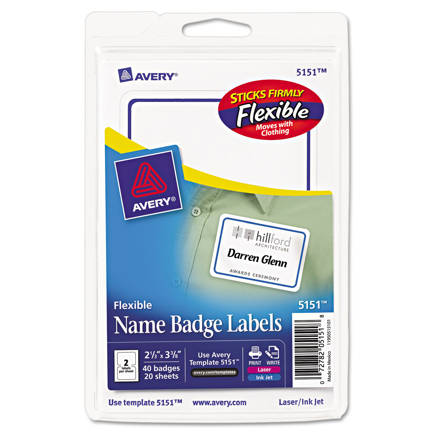 Avery AVE5151 Flexible Adhesive Name Badge Labels, 2 1/3 x 3 3/8,  White/Blue Border, 40/PK