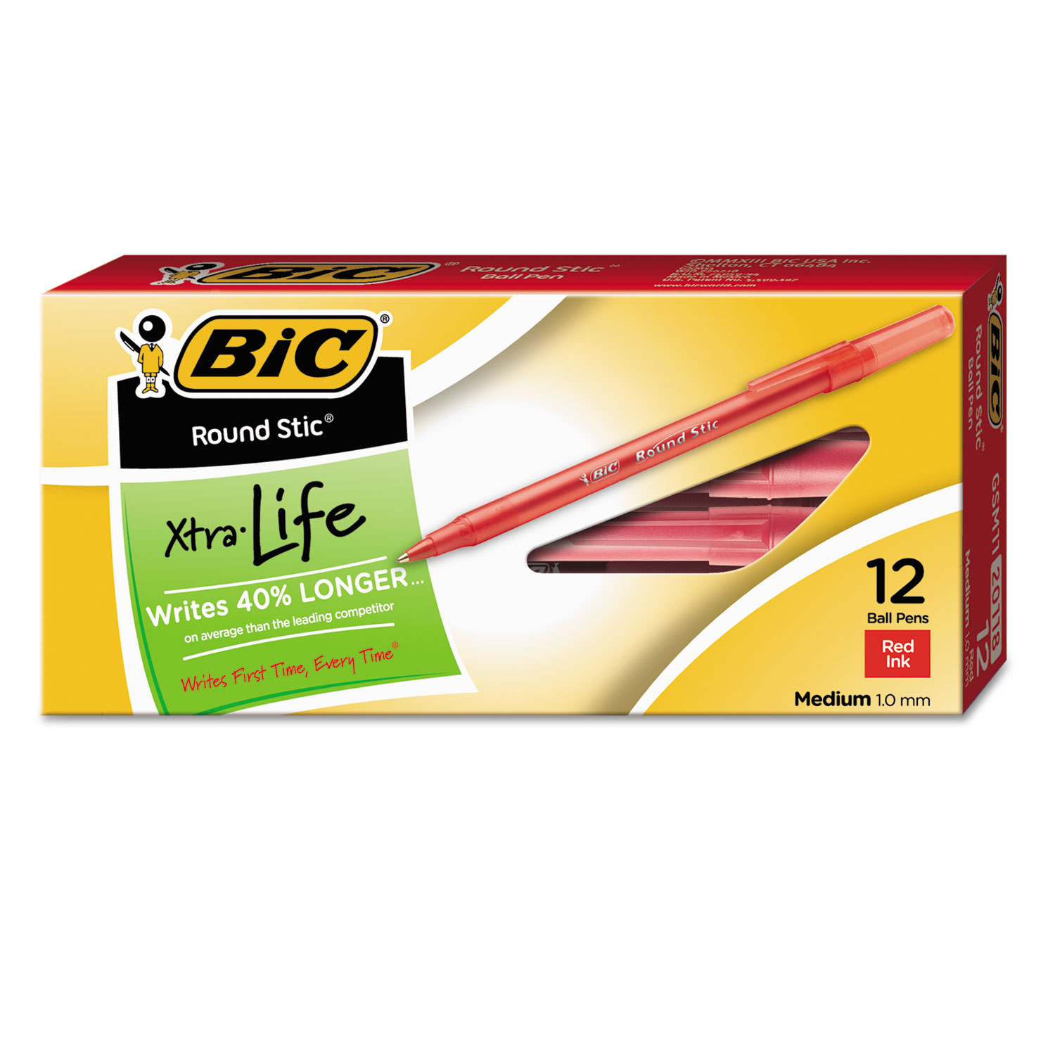 BIC BICGSM11RD Round Stic Xtra Life Stick Ballpoint Pen, 1mm, Red Ink, Trans Red Barrel, Dozen