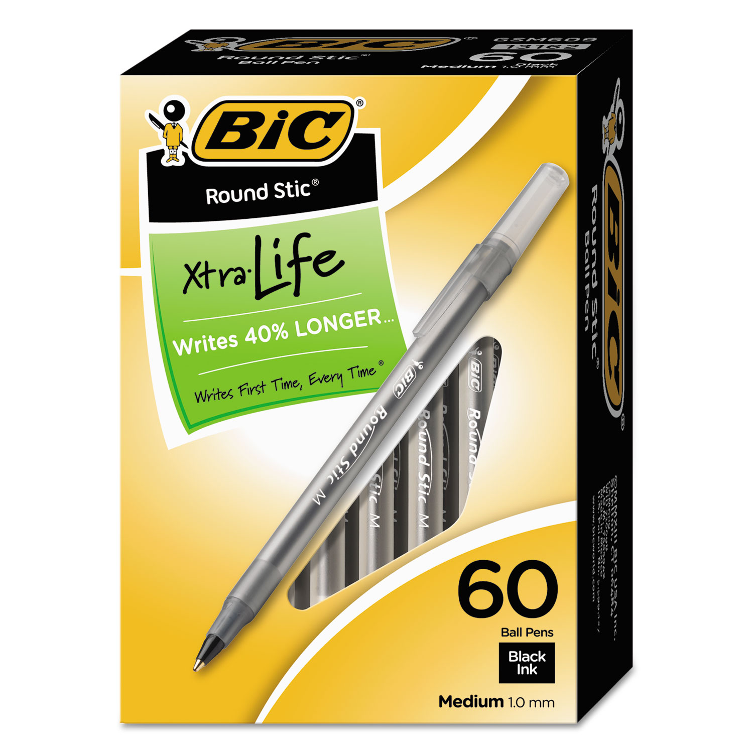 BIC BICGSM609BK Round Stic Xtra Life Stick Ballpoint Pen VP, 1mm, Black Ink, Smoke Barrel, 60/BX