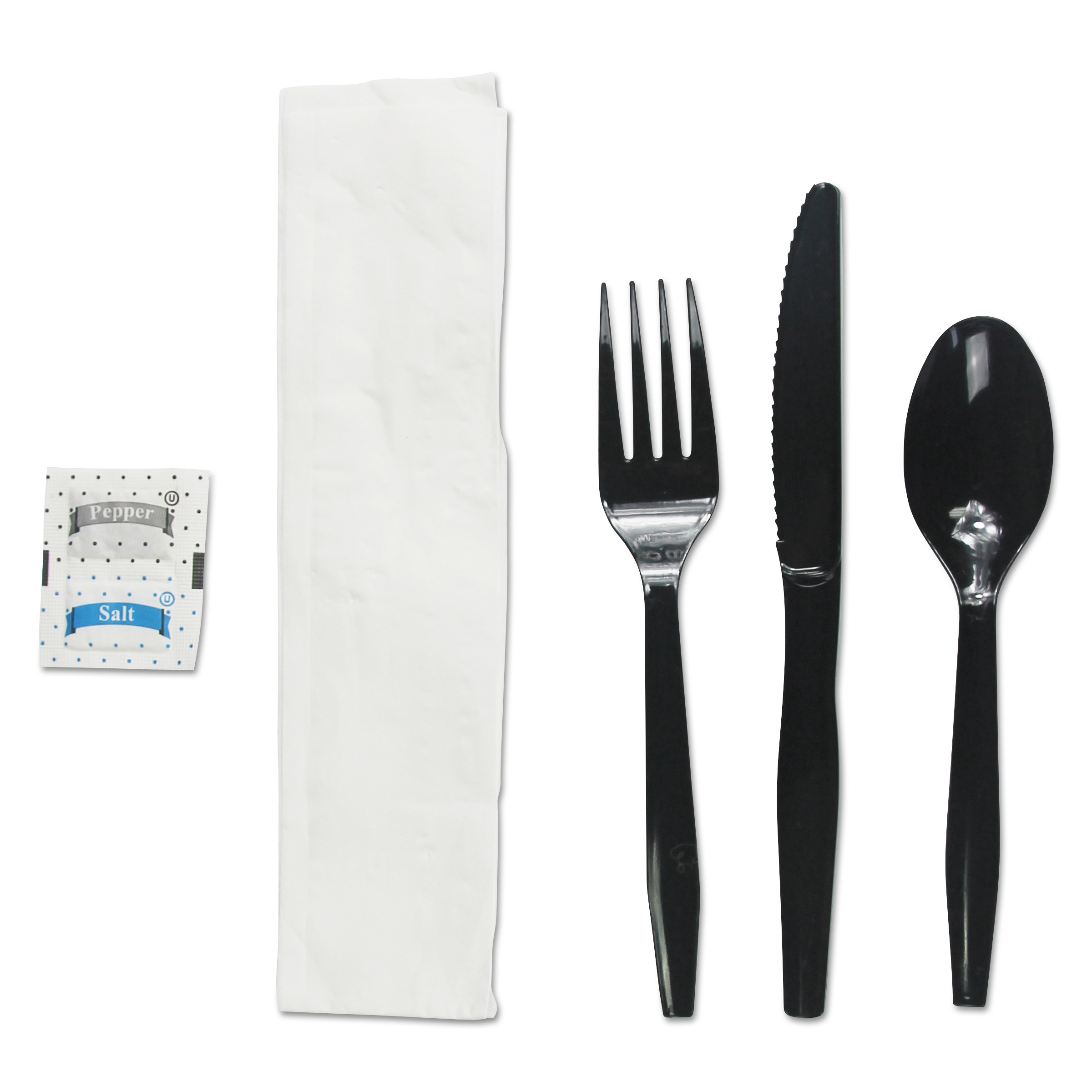 Boardwalk BWKFKTNSMWPSBLA Six-Piece Cutlery Kit, Condiment/Fork/Knife/Napkin/Teaspoon, Black, 250/Case