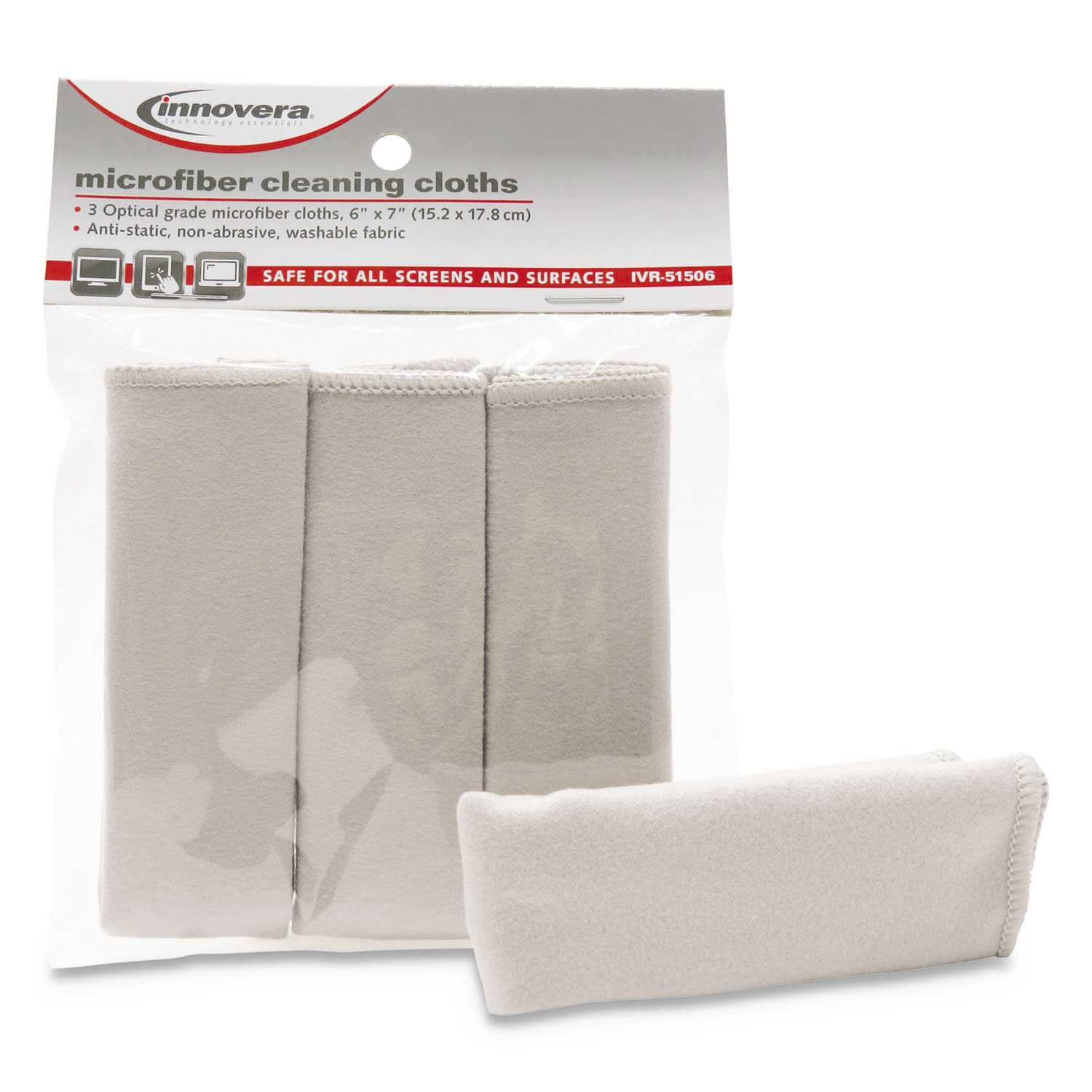 Innovera IVR51506 Microfiber Cleaning Cloths, 6" x 7", Gray, 3/Pack