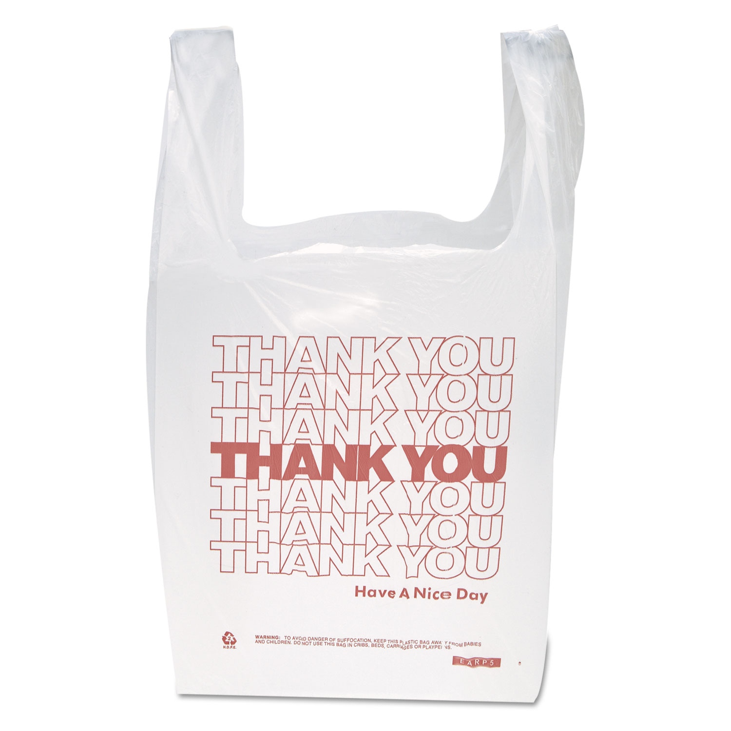 Inteplast Group IBSTHW1VAL "Thank You" Handled T-Shirt Bags, 11 1/2 x 21, Polyethylene, White, 900/Case