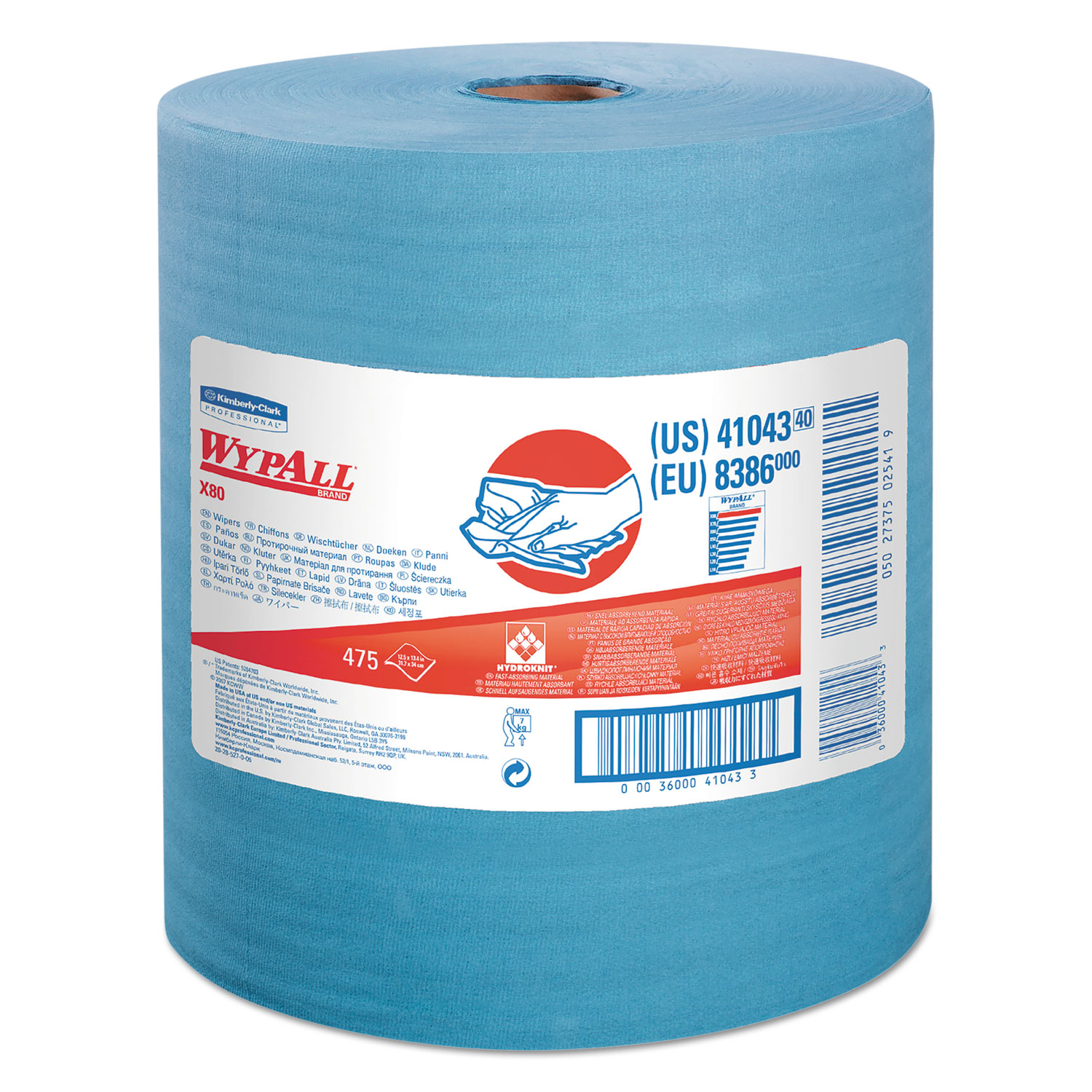 WypAll KCC41043 X80 Cloths with HYDROKNIT, Jumbo Roll, 12 1/2 x 13 2/5, Blue, 475/Roll