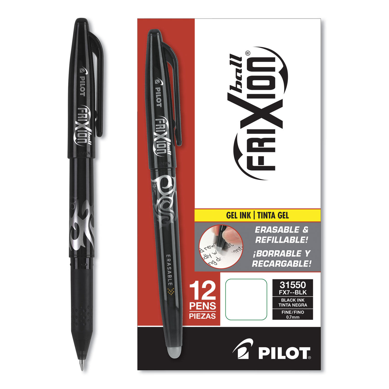 Pilot PIL31550 FriXion Ball Erasable Stick Gel Pen, Fine 0.7mm, Black Ink, Black Barrel