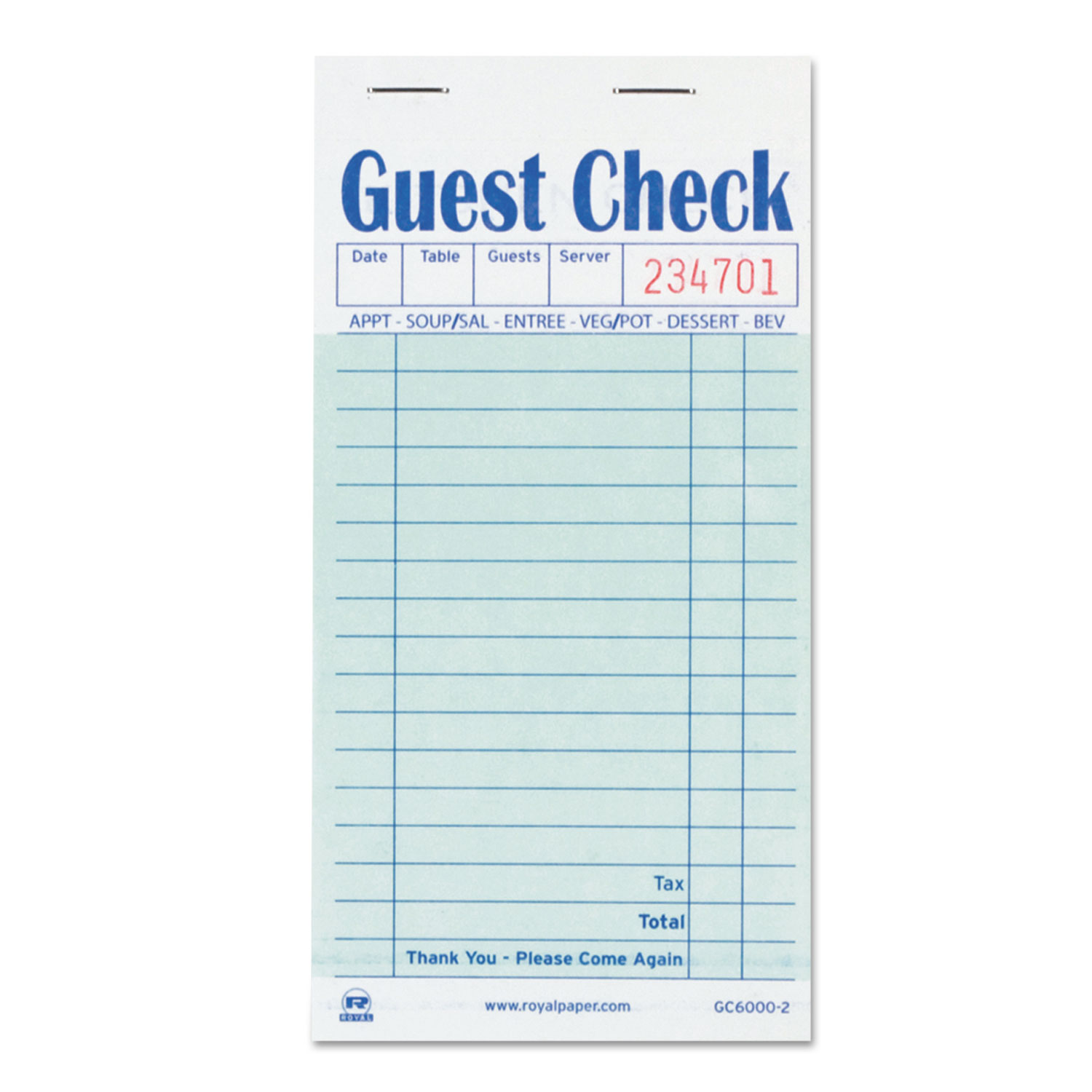 Royal RPPGC60002 Guest Check Book, Carbon Duplicate, 3 1/2 x 6 7/10, 50/Book, 50 Books/Case