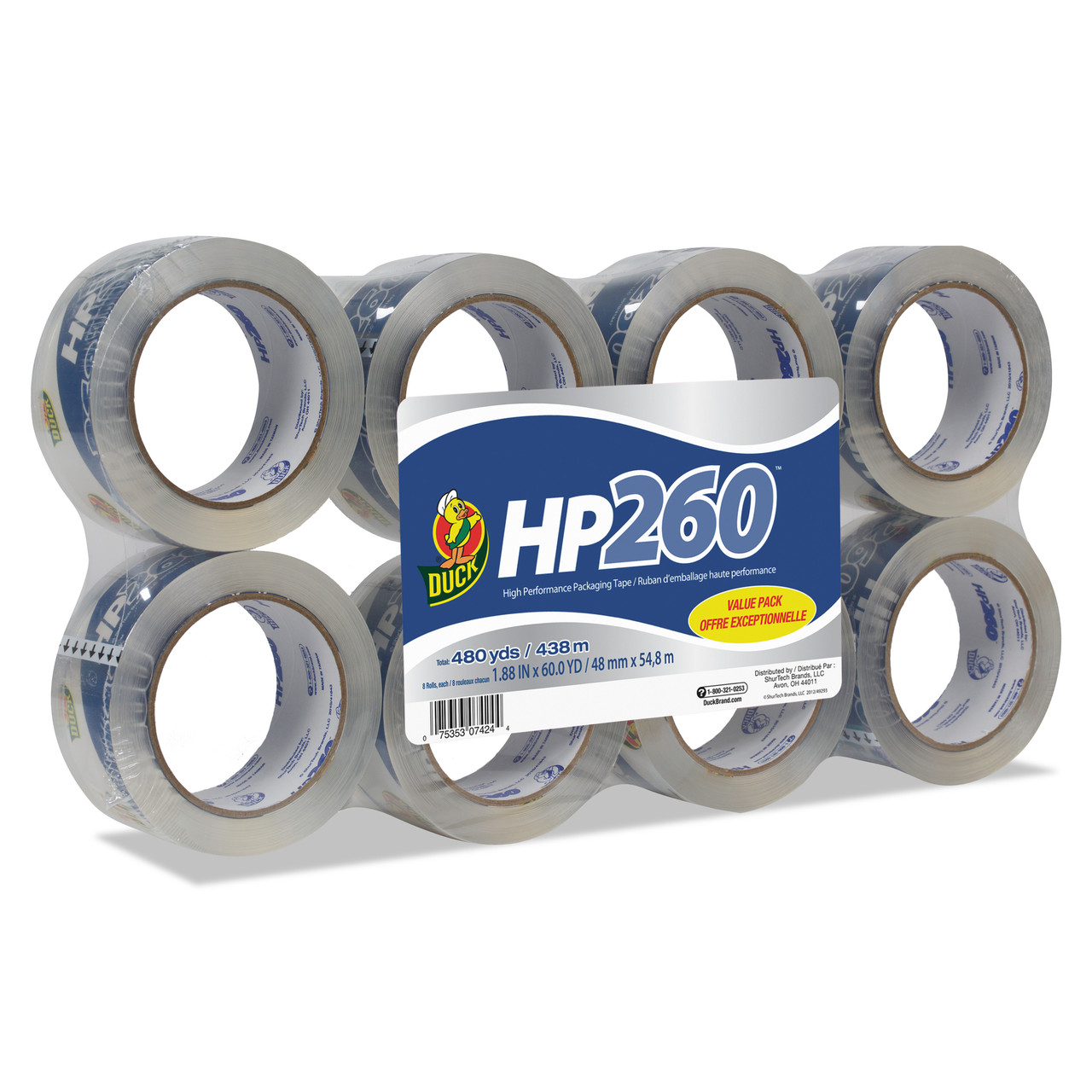 Duck DUC0007424 HP260 Packaging Tape, 1.88" x 60yds, 3" Core, Clear, 8/Pack