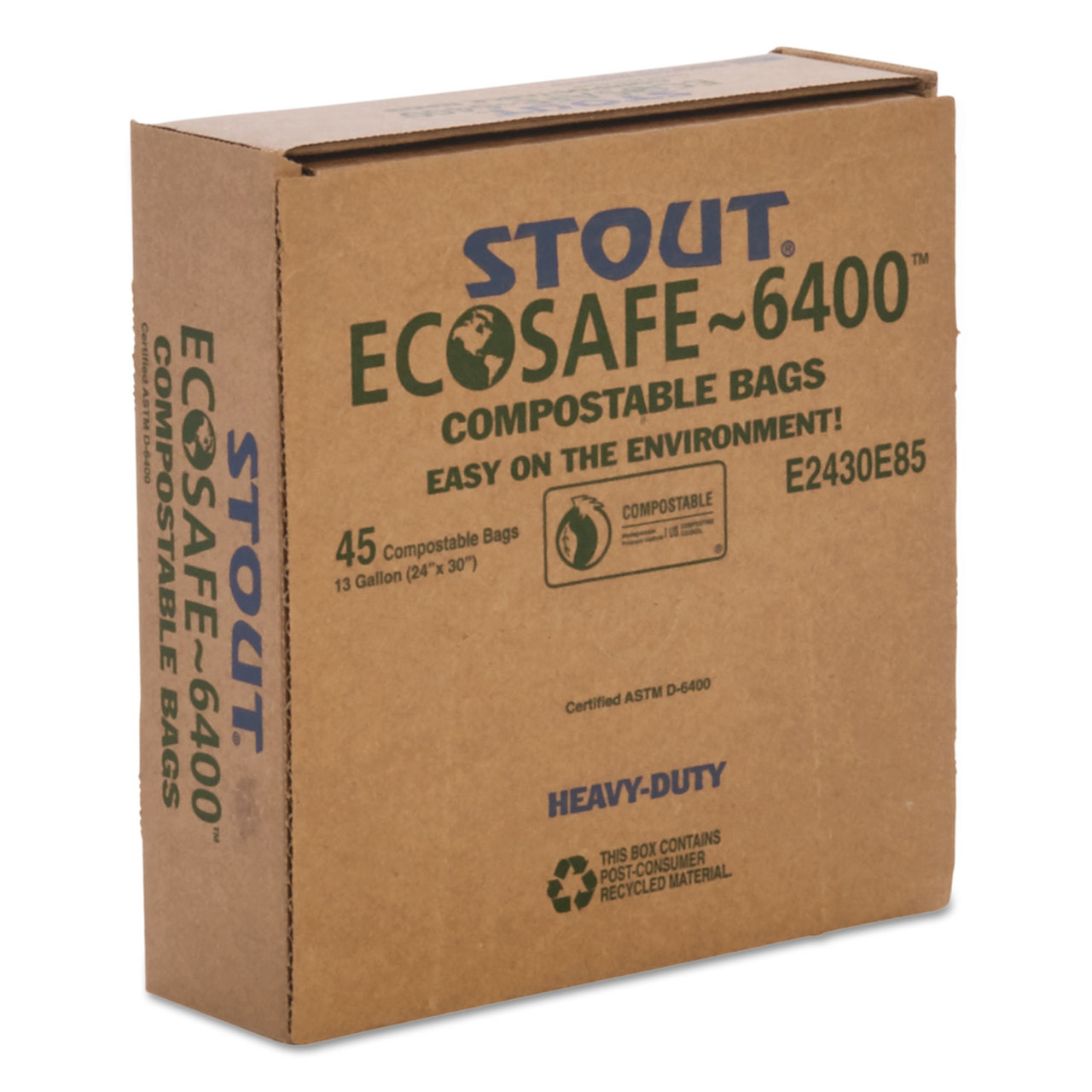 Stout by Envision STOE2430E85 EcoSafe-6400 Compostable Compost Bags, 13gal, .85mil, 24 x 30, Green, 45/Box