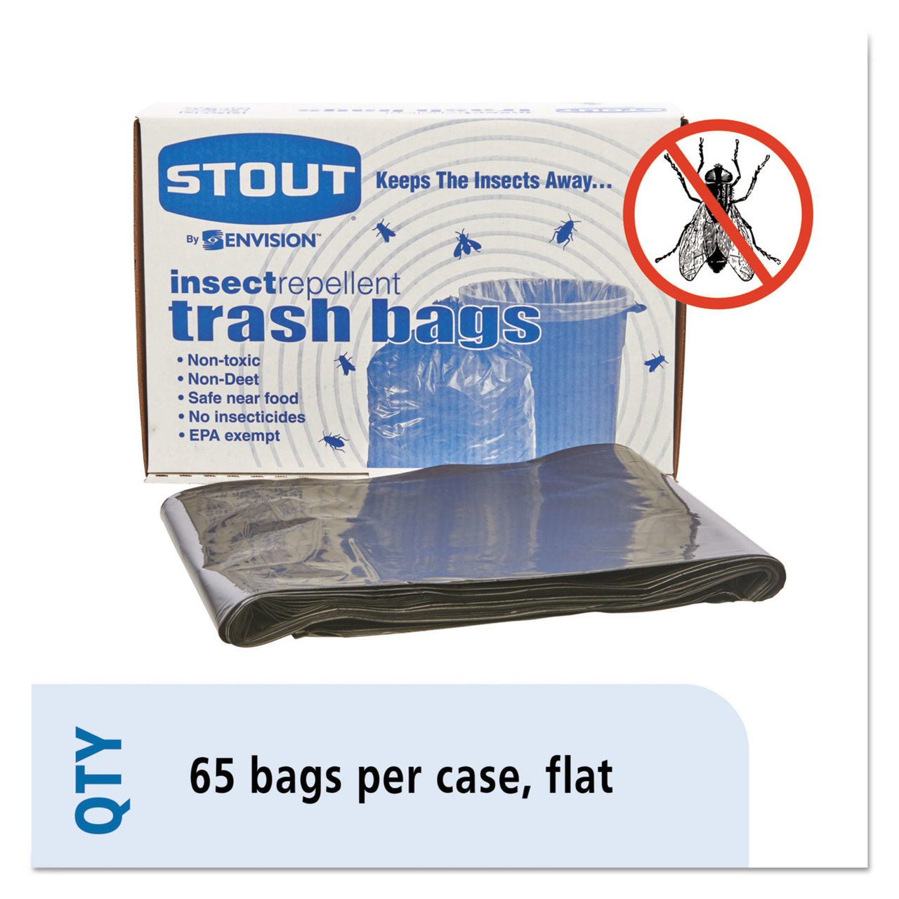 Stout by Envision STOP3752K20 Insect-Repellent Trash Bags, 55gal, 2mil, 37 x 52, Black, 65/Box