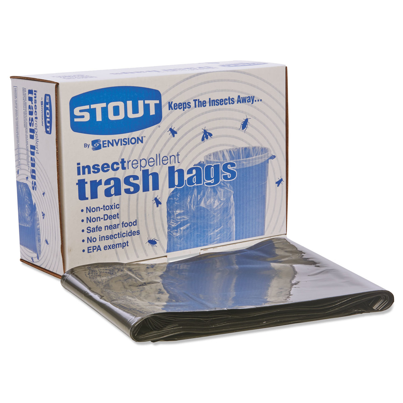 Stout by Envision STOP3752K20 Insect-Repellent Trash Bags, 55gal, 2mil, 37 x 52, Black, 65/Box