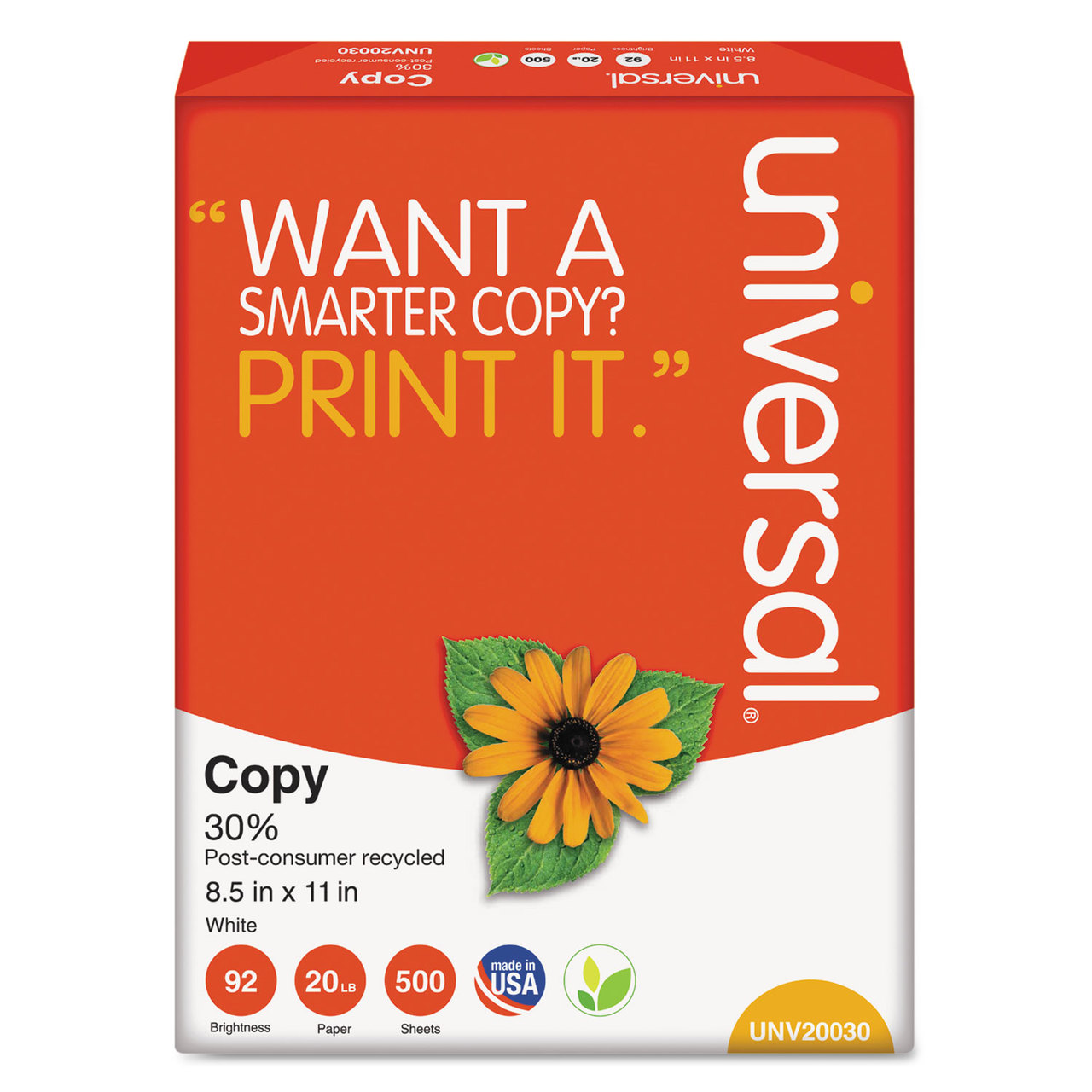 Universal UNV20030 30% Recycled Copy Paper, 92 Brightness, 20lb, 8 1/2 x 11, White, 5000/Case