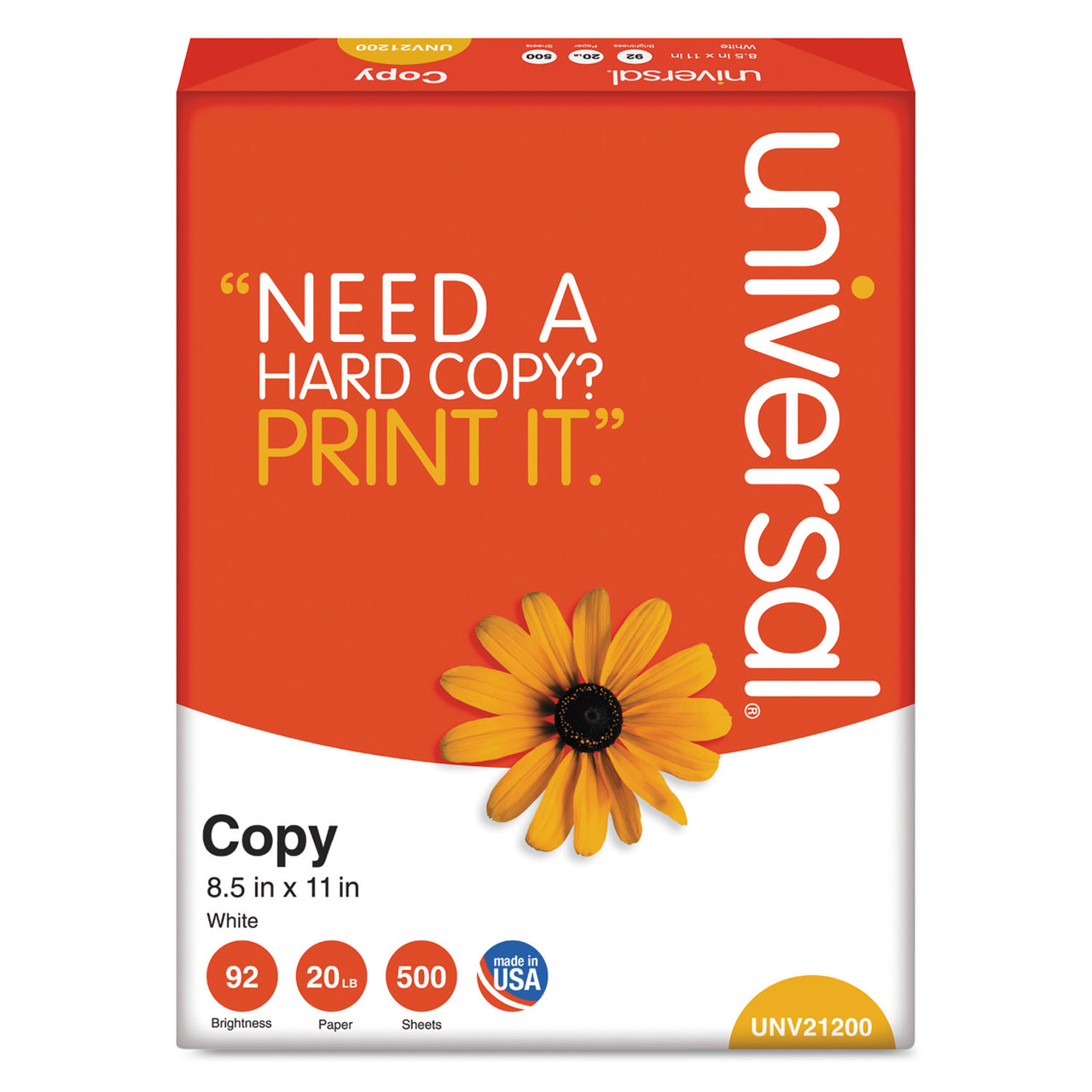 Universal UNV21200 Copy Paper, 92 Brightness, 20lb, 8-1/2 x 11, White, 5000 Sheets/Case