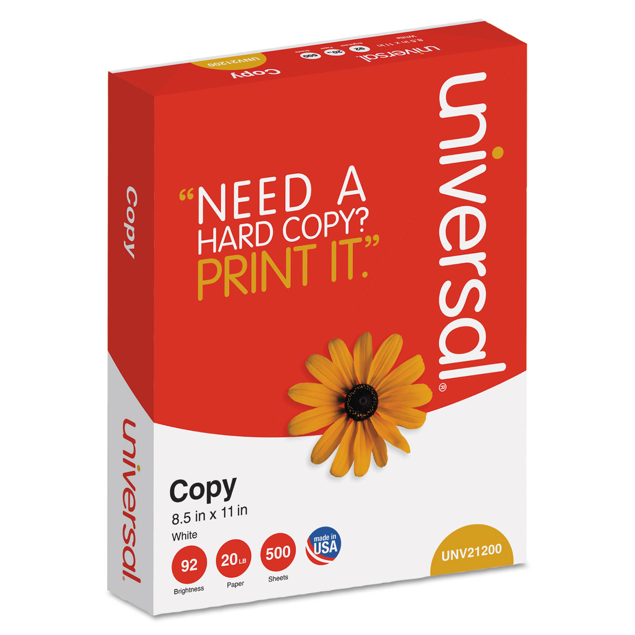 Universal UNV21200 Copy Paper, 92 Brightness, 20lb, 8-1/2 x 11, White, 5000 Sheets/Carton