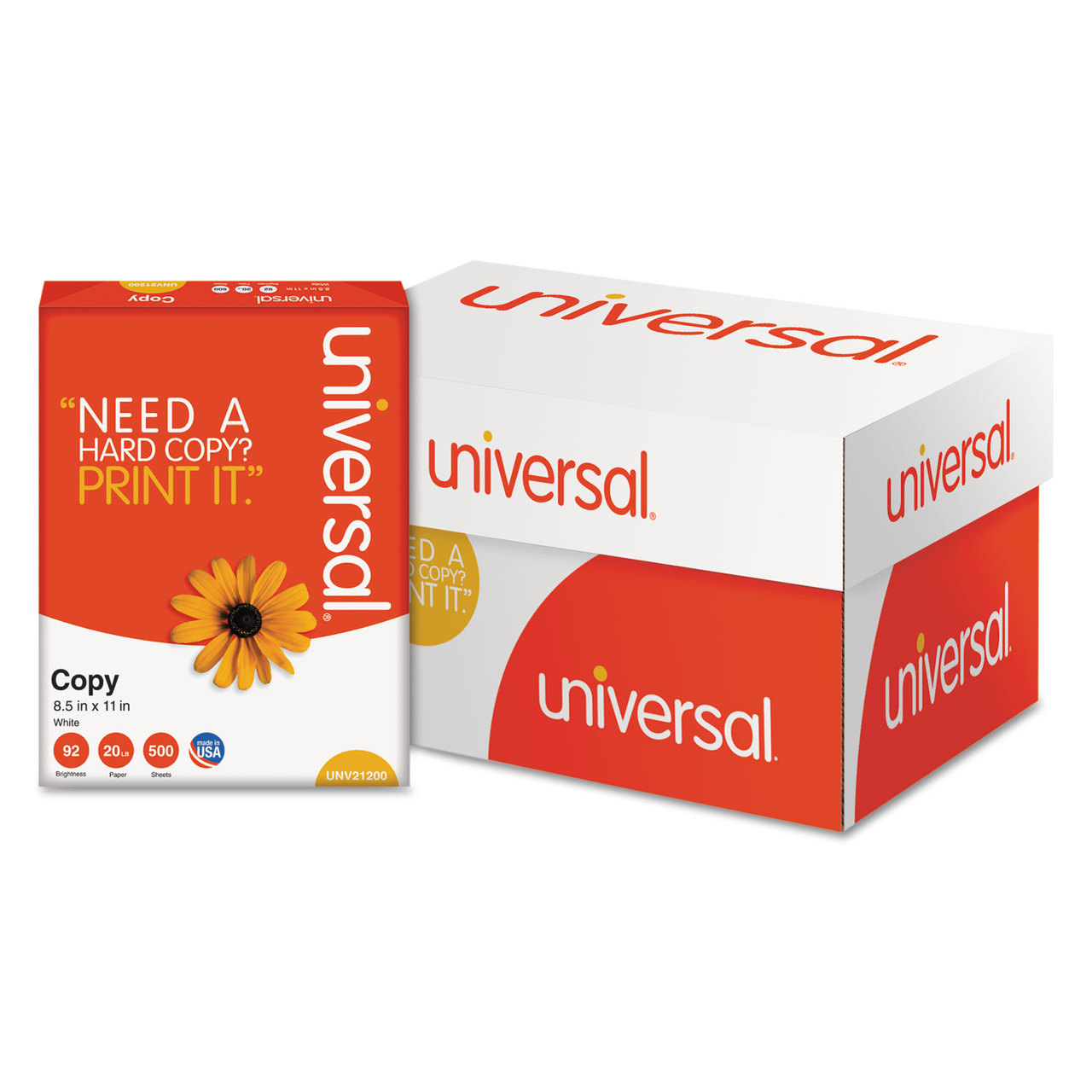 Universal UNV21200 Copy Paper, 92 Brightness, 20lb, 8-1/2 x 11, White, 5000 Sheets/Carton