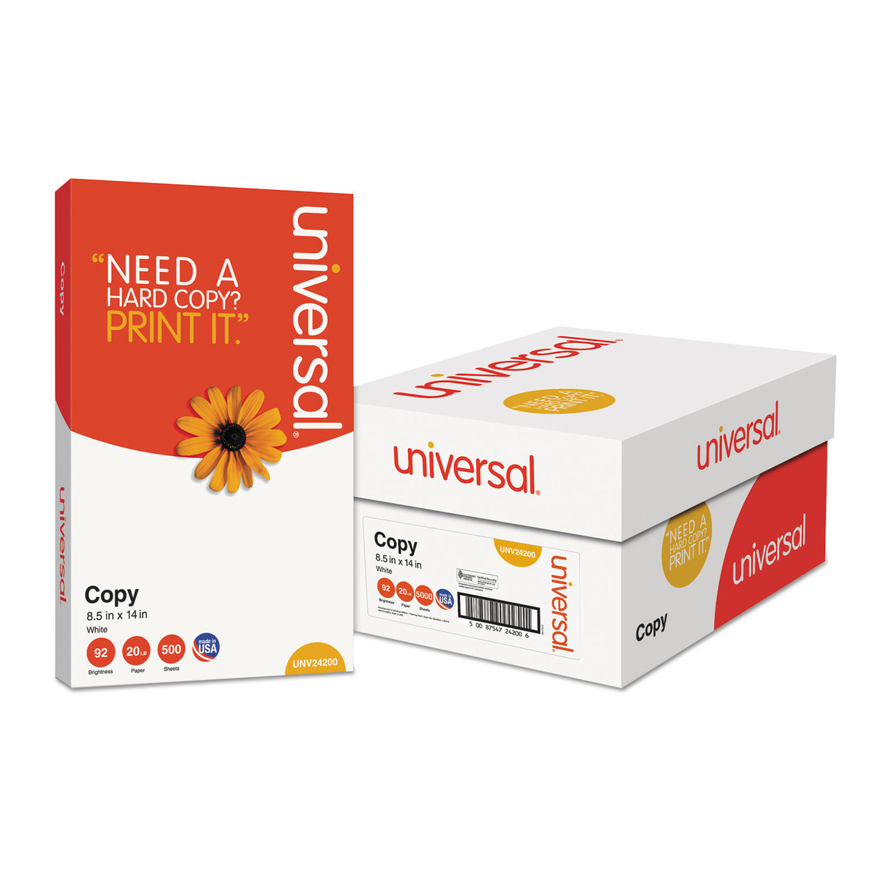 Universal UNV24200 Copy Paper, 92 Brightness, 20lb, 8-1/2 x 14, White, 5000 Sheets/Case
