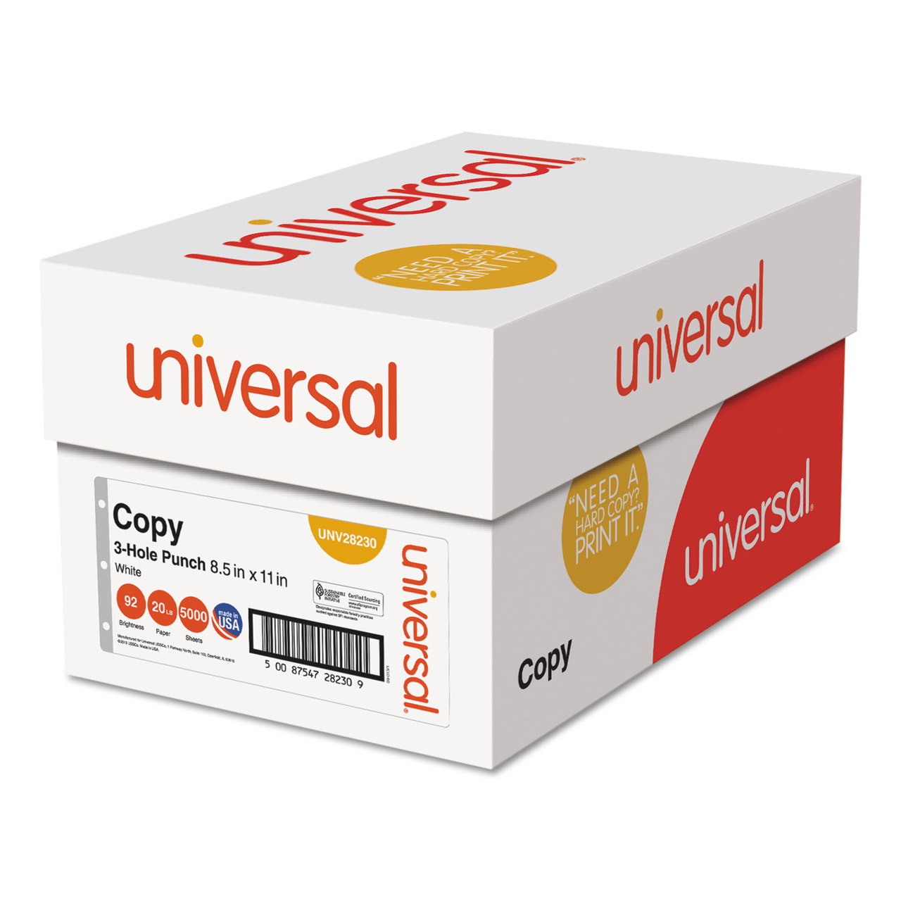 Universal UNV28230 Copy Paper, 92 Brightness, 20lb, 8-1/2 x 11, 3-Hole Punch, White, 5000 Shts/Ctn